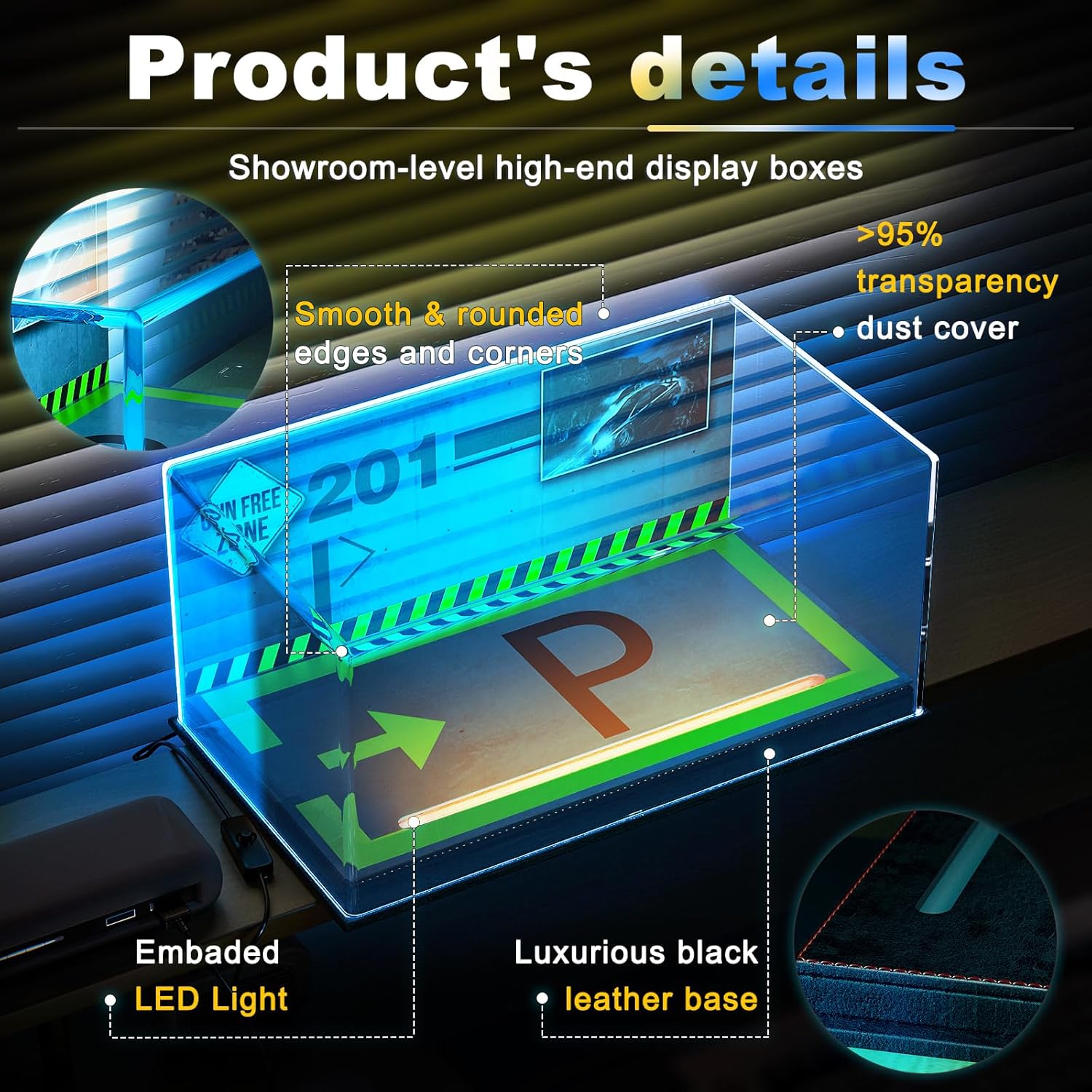 Private Label Lighted Display Case for 1/24 Scale Model Cars , No Assemble Show Case with Lights and Leather Base, Clear Acrylic Display Box for Cars Baseball Tennis Dust Proof UV Protection(11x6x5inch) Ecommerce Ready Product