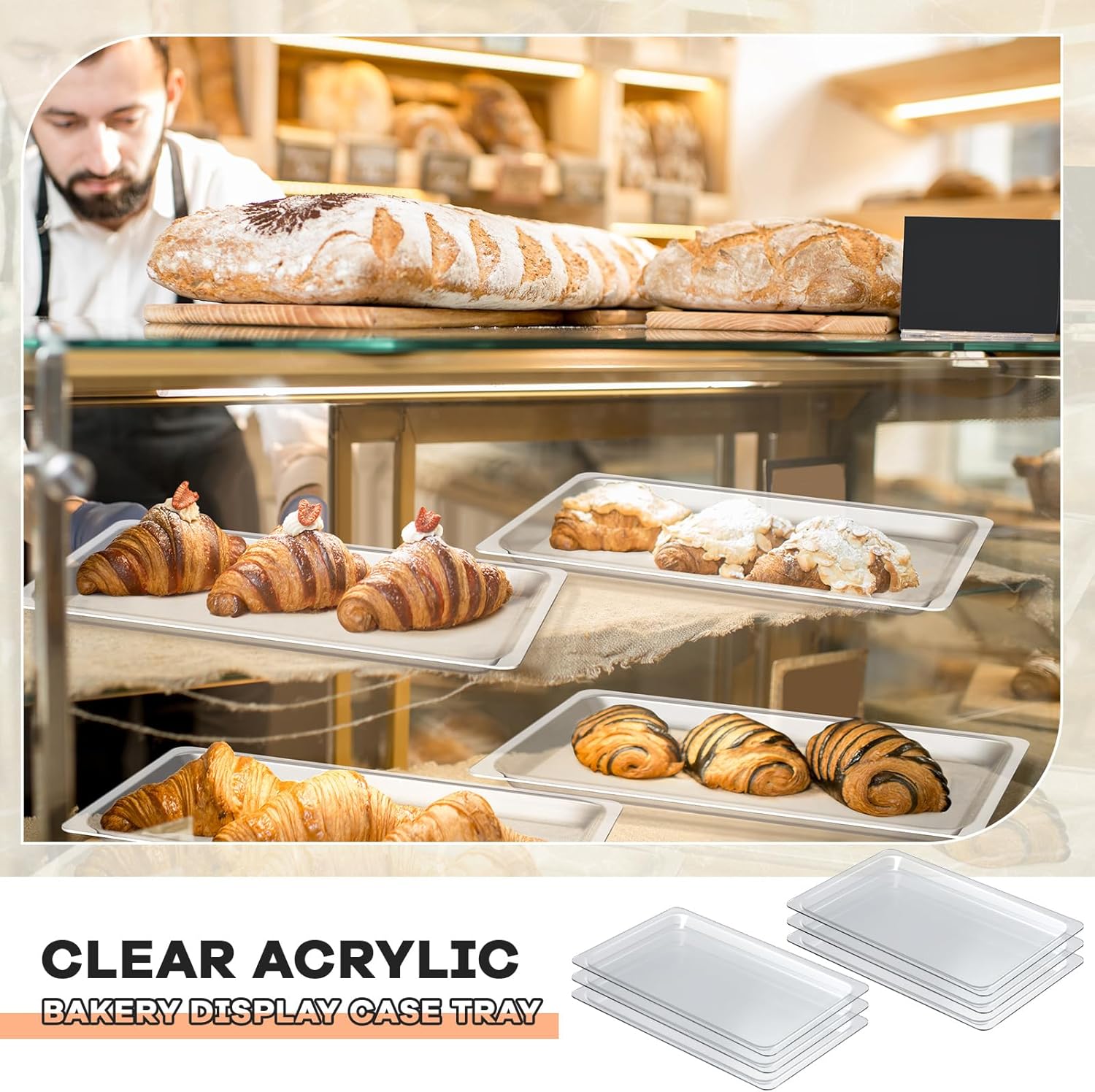 Wholesale OEM ODM 6 Pack Clear Acrylic Bakery Display Case Tray 20-1/4 x 13-7/16 Inch Countertop Pastry Case Tray for 2/3/4 Tier Bakery Display Baked Goods Bread Bagels Donuts Food Retail Commercial Home Factory & Supplier