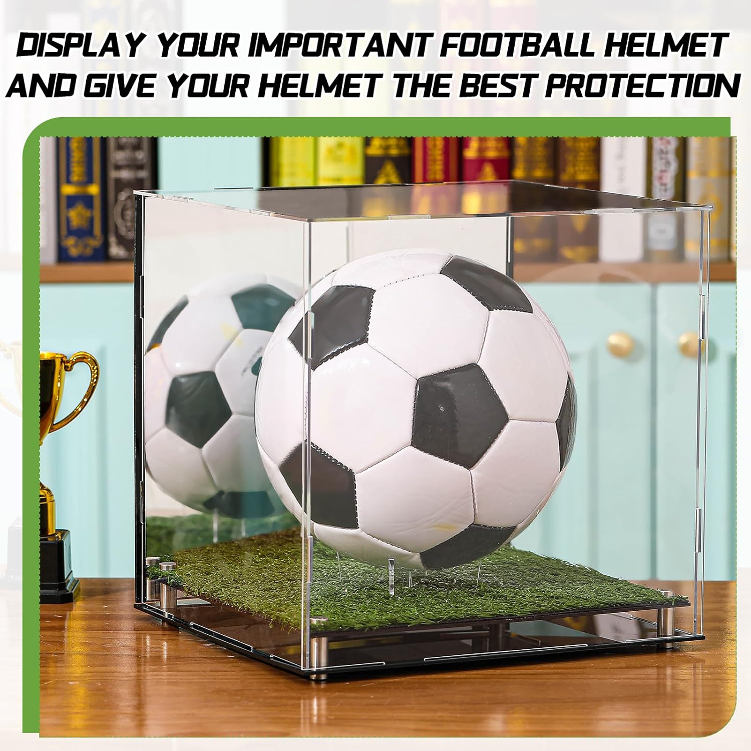 ODM Geelin Soccer Ball Display Case 12" x 11" x 10.5" Acrylic Clear Display Case Box with Mirror Back and Turf Grass, Storage Cube for Soccer Ball Collectibles Sports Memorabilia Collector Gift Custom Logo Service