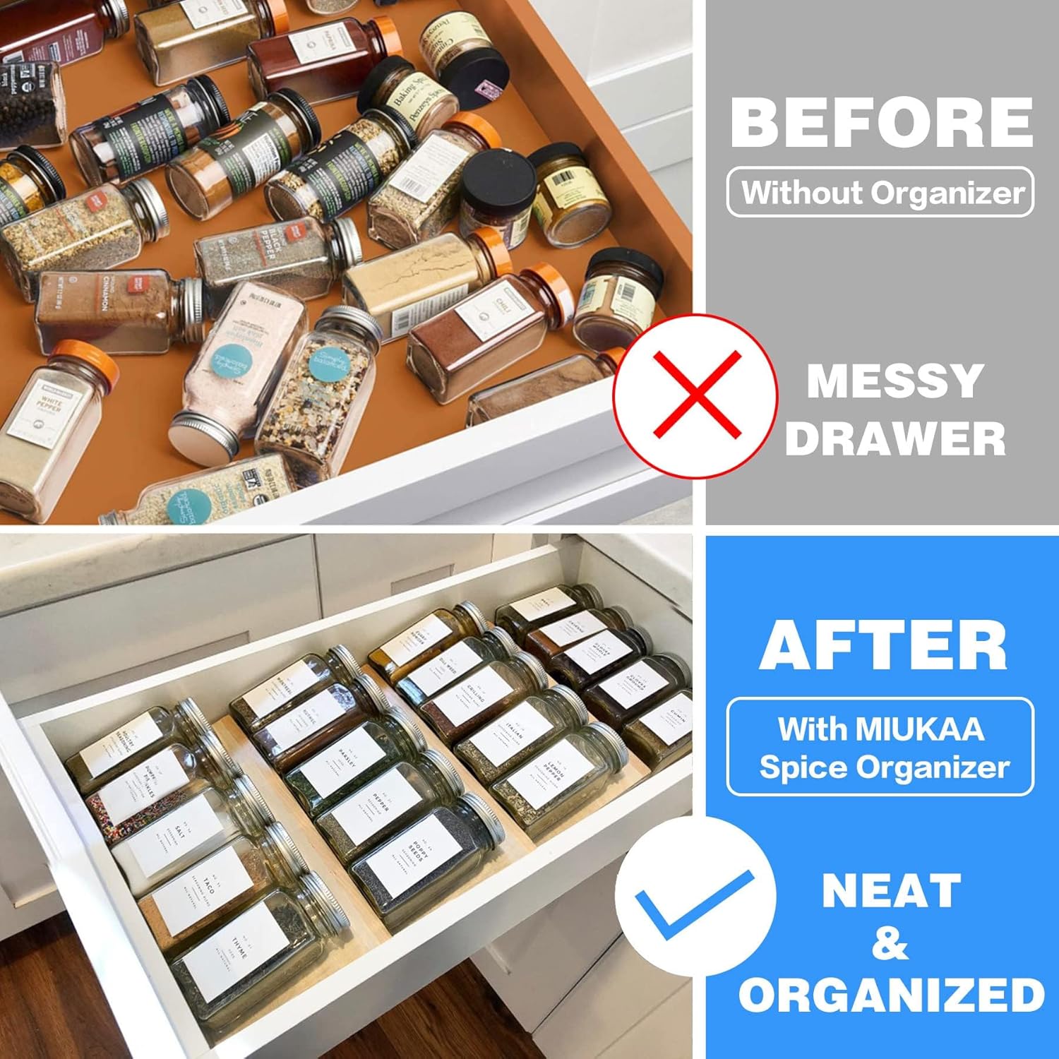 Private Label MIUKAA Clear Acrylic Spice Drawer Organizer, 4 Tier- 2 Set Expandable From 9" to 18" Seasoning Jars Drawers Insert, Kitchen Spice Rack Tray for Drawer/Countertop (Jars not included) Dropshipping Friendly