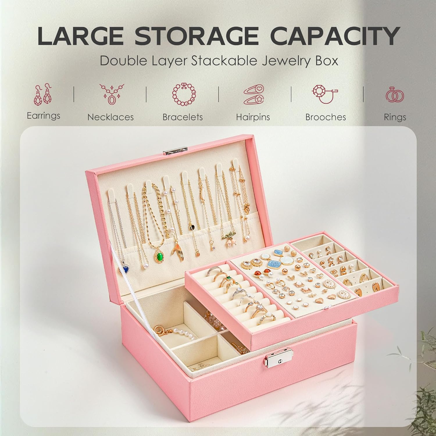 Direct Manufacturer DreamGenius Jewelry Box for Women with Security Latch, 2-Layer Jewelry Organizer with Removable Tray for Necklaces and Earrings Holder Organizer, Pink Low MOQ