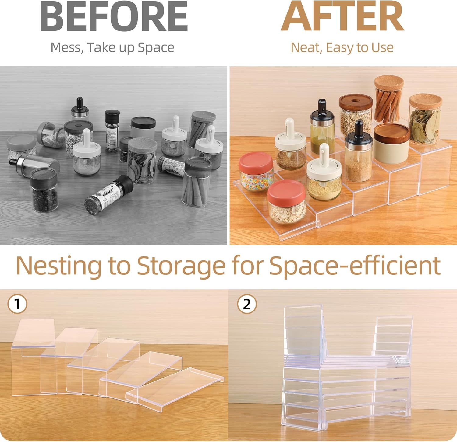 Private Label 10 Pack Acrylic Spice Rack Organizer for Cabinet(10.8"~12.4"L), 5 Size Seasoning Organization with Non-Slide Silicone Pads, Clear Shelf Riser Storage Can & Cup for Kitchen Countertop, Cupboard, Pantry Dropshipping Friendly