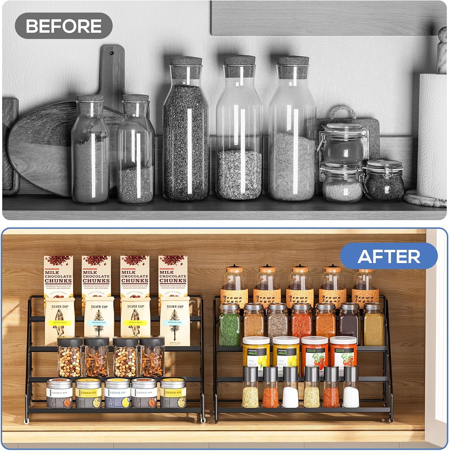 Private Label Spice Rack Organizer for Cabinet, 4 Tiered Spice Rack Organizer, Tiered Adjustable Spice Shelf for Kitchen Countertop Pantry Organization (Bright Black) Dropshipping Friendly