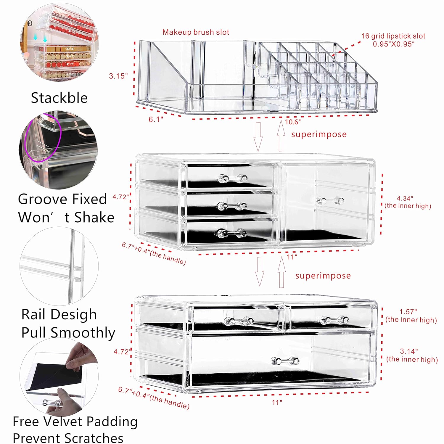 Private Label Cq acrylic Clear Makeup Storage Organizer Drawers Skin Care X Large Cosmetic Display Cases Stackable Storage Box With 7 Drawers For Dresser,Pack of 1 Custom Logo Service