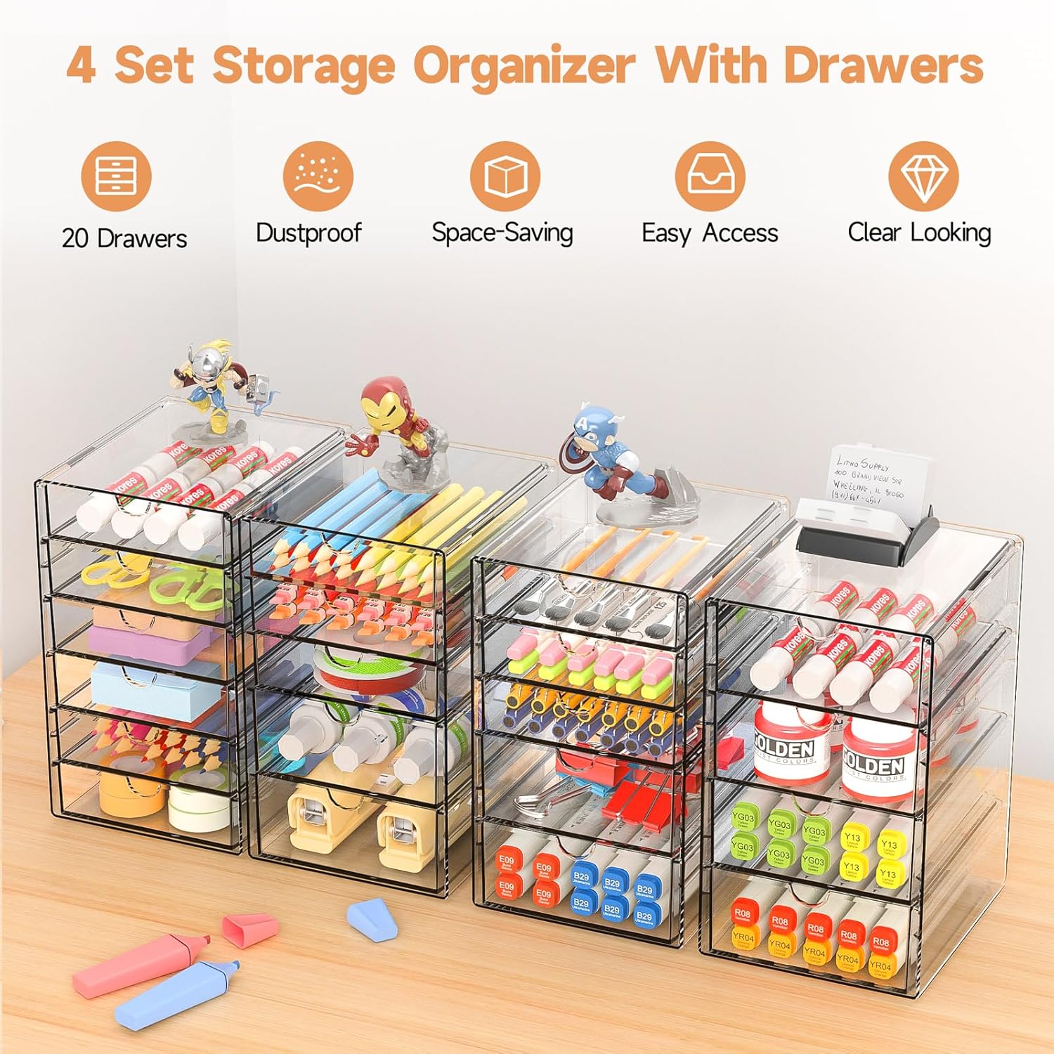 Private Label Makeup Drawer Storage Organizer with 20 Drawers, 4 Set Acrylic Office Desk Organization and Storage, Dustproof Drawer Organizer for Makeup, Office, Countertop, Jewelry, Pen, Desktop, Bathroom, Bedroom Factory Direct Price
