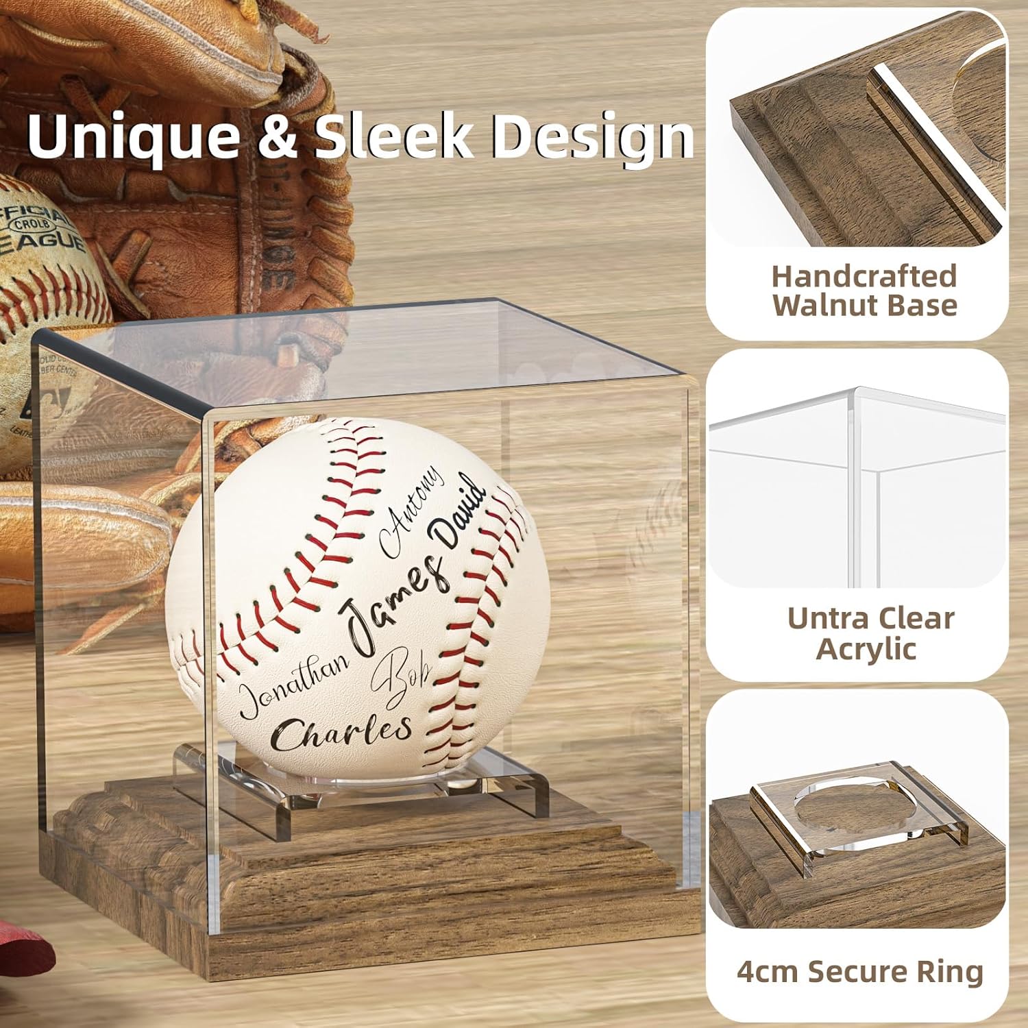 ODM Baseball Case Display for Balls Walnut Wood Base Acrylic Baseball Display Case Baseball Holder Stand Cube Memorabilia Showcase Autograph Ball Protector for Official Size Ball Display Custom Logo Service