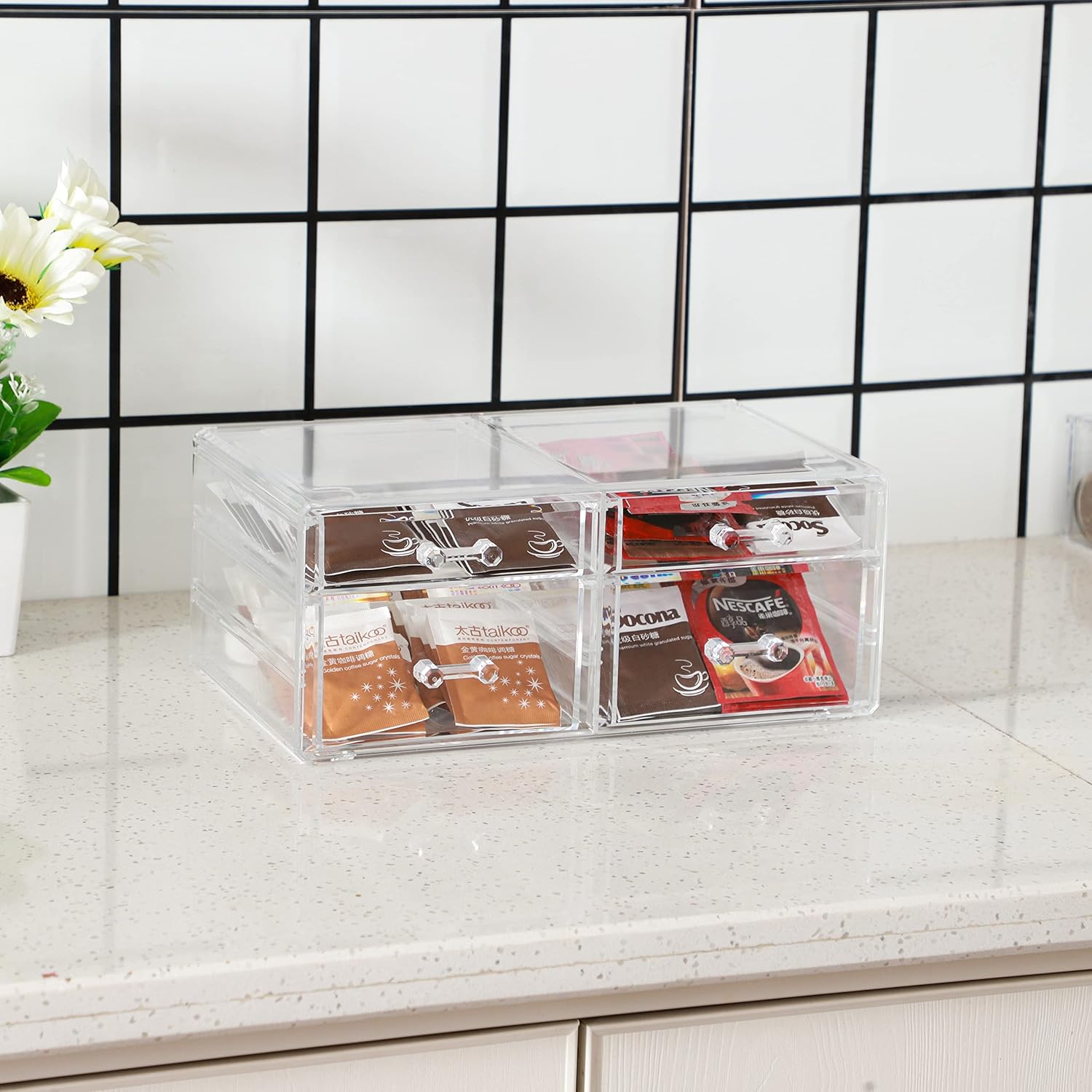 Private Label Acrylic Clear Makeup Organizers With 4 Drawers,Rectangular Office Stationery Supplies Plastic Storage Containers,Stackable Acrylic Drawers Suitable for Office,School,Home Cute Desk Organizer,Pack of 1 Custom Logo Service
