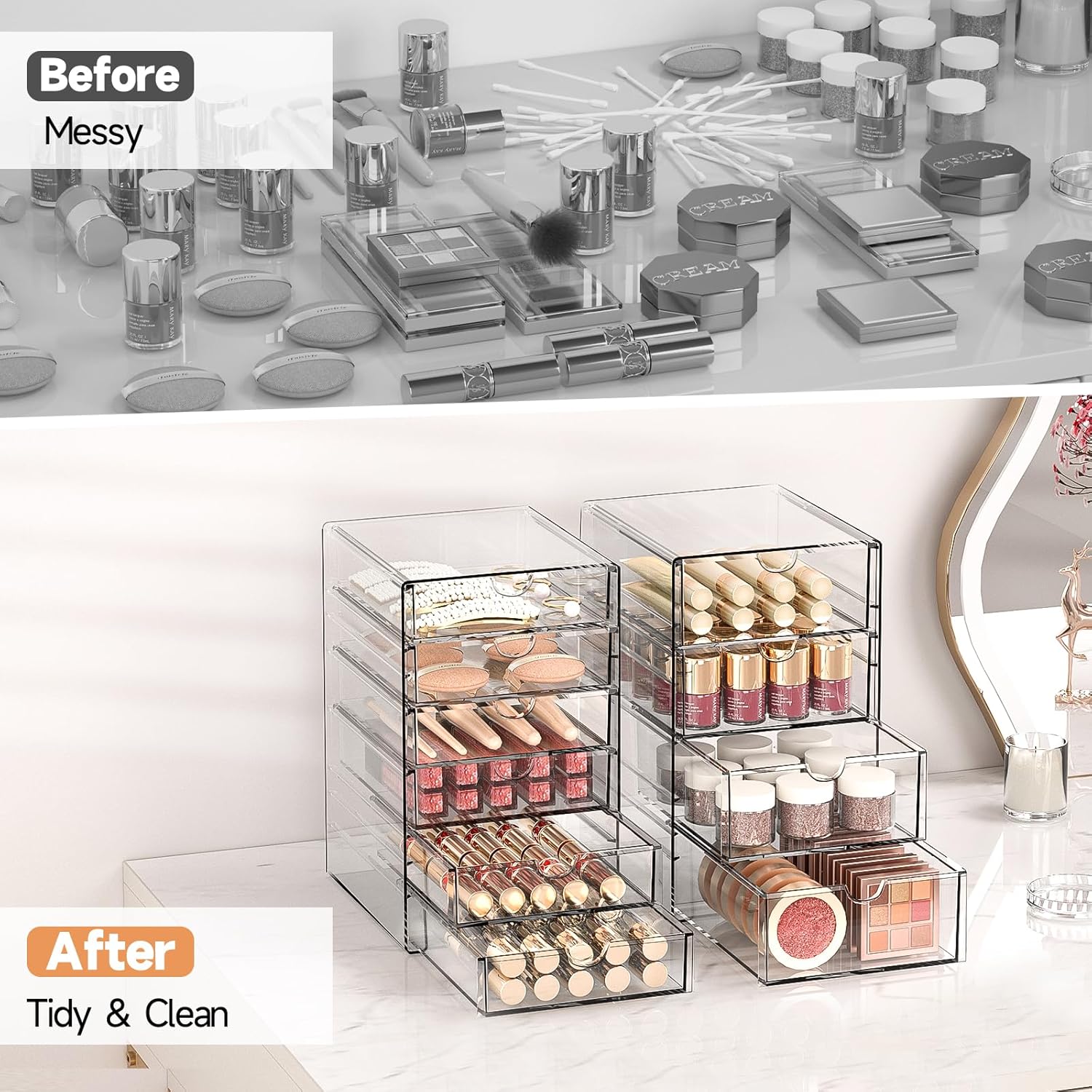 Private Label Makeup Drawer Storage Organizer with 20 Drawers, 4 Set Acrylic Office Desk Organization and Storage, Dustproof Drawer Organizer for Makeup, Office, Countertop, Jewelry, Pen, Desktop, Bathroom, Bedroom Factory Direct Price