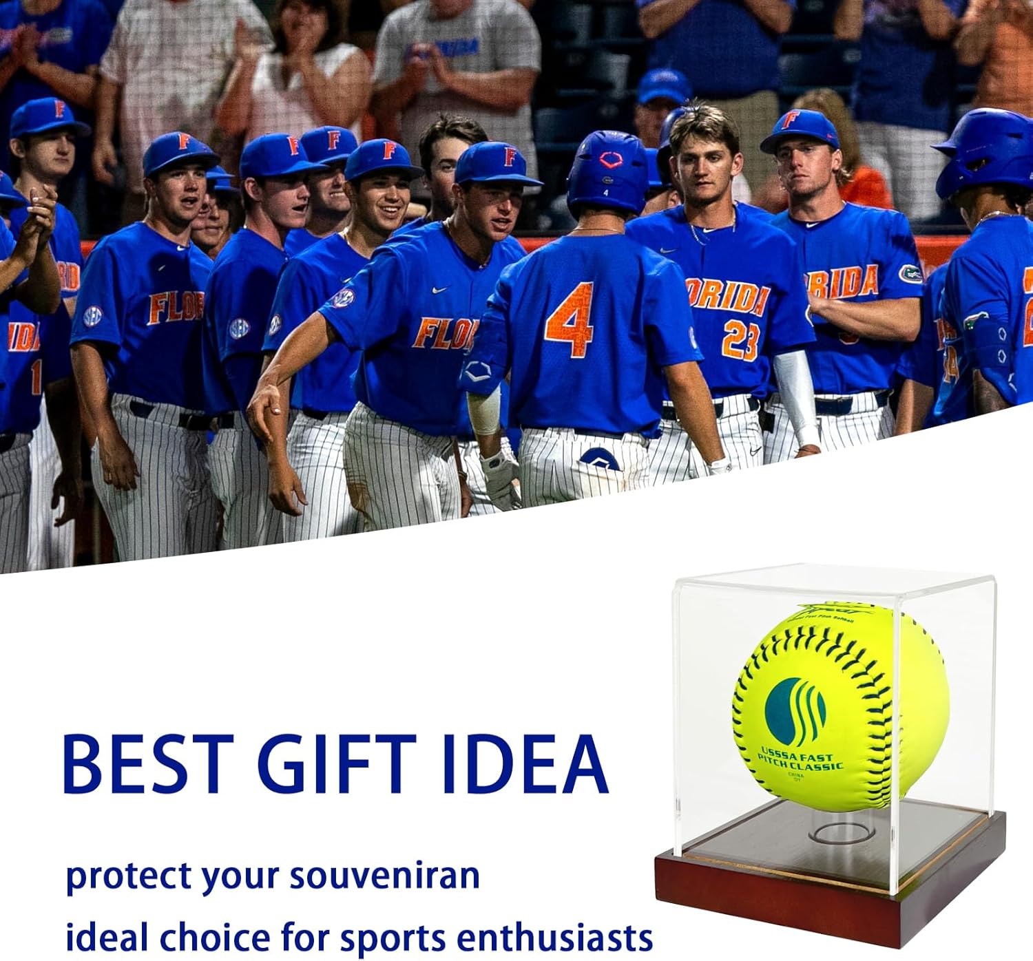 ODM Softball Display Case,Clear Acrylic Ball Display Holder for 12 inch Softball,UV Protected Cube with Wood Base Stand for Tennis Ball Baseball Golf Ball,Championship Sport Collection Box Showcase Custom Logo Service