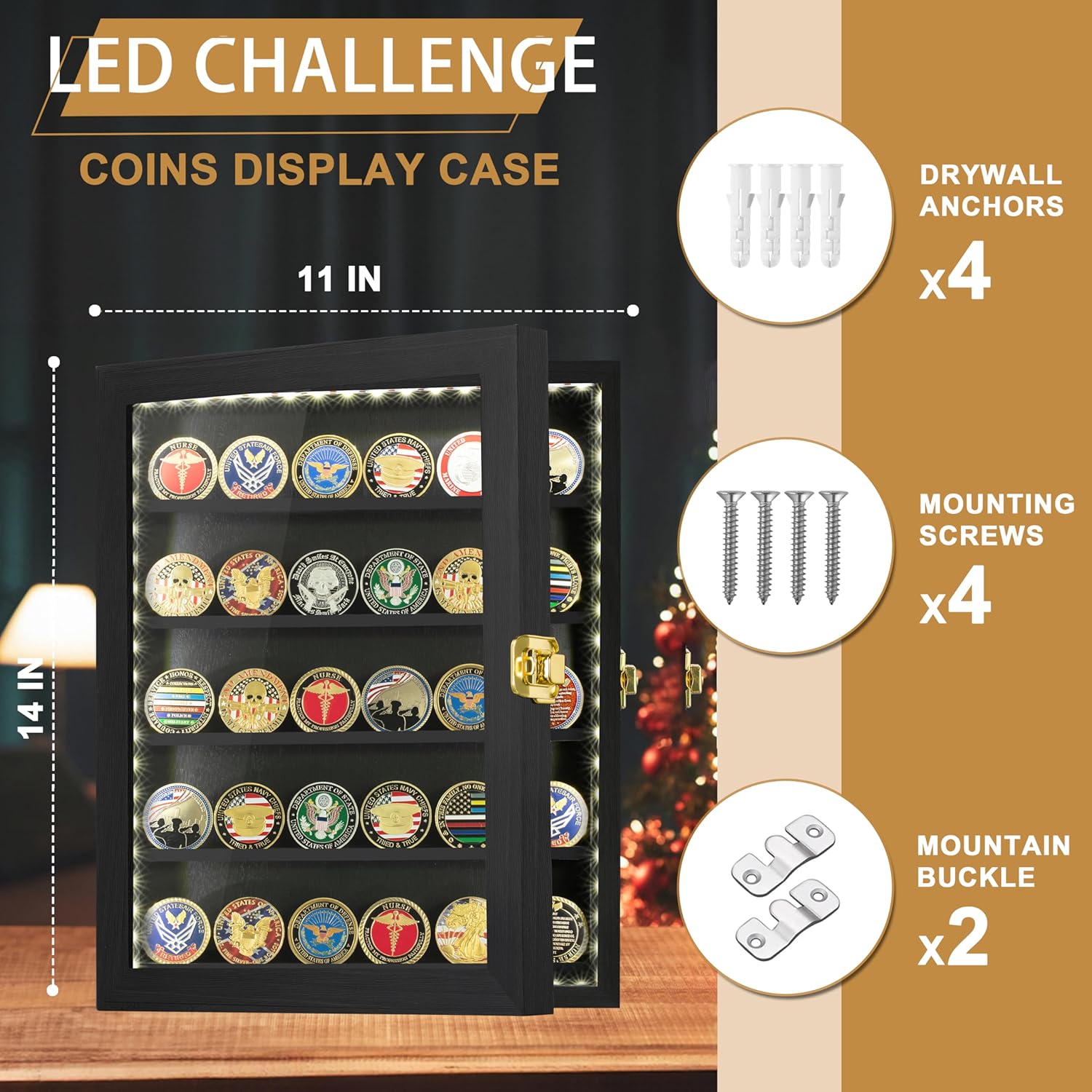 Private Label Military Challenge Coin Display Case with LED 11x14IN, Medal Shadow Box with HD Acrylic Glass, Removable 2 Groove Shelves, Wall Mount Coin Collection Holder for Casino Poker Chips Exquisite Souvenirs Ecommerce Ready Product