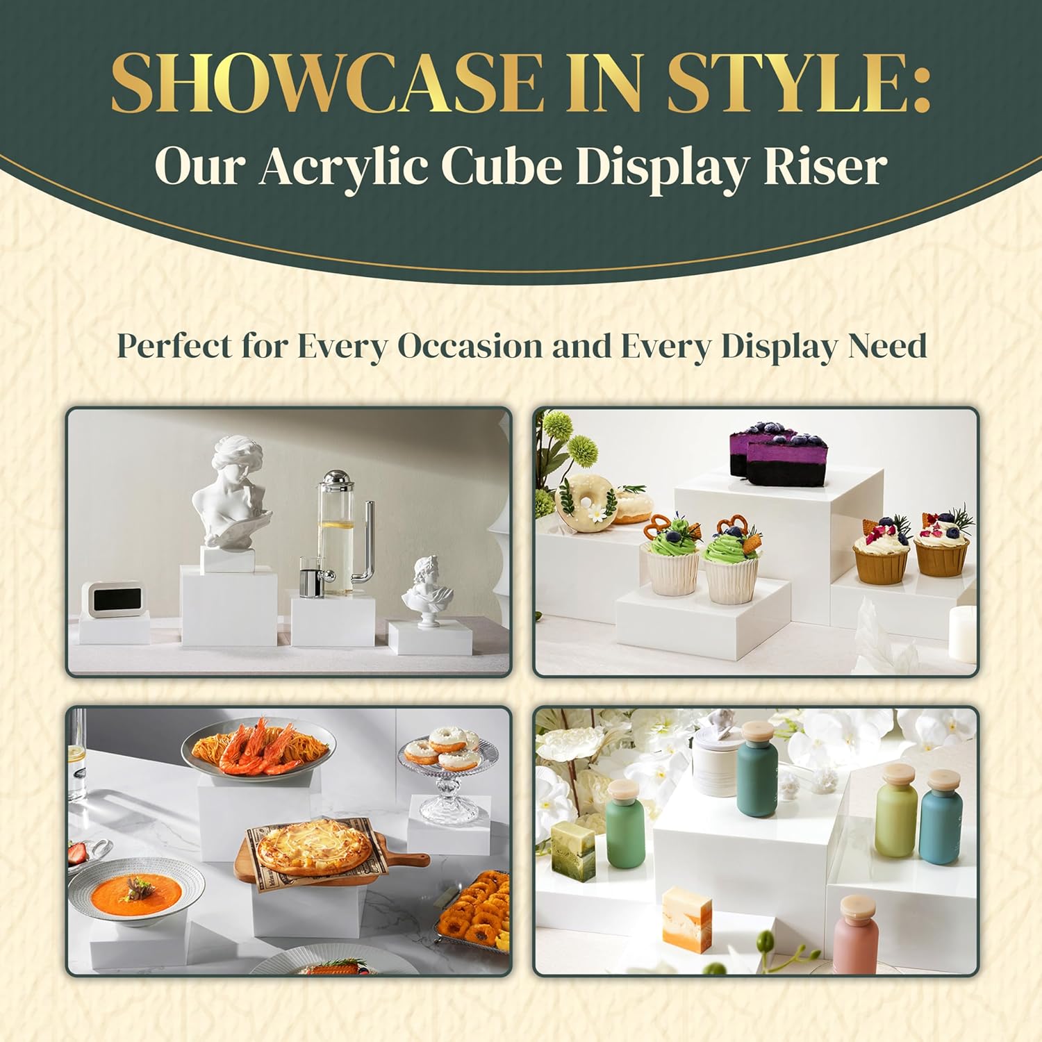ODM Set of 4 Acrylic Cube Display Box Risers Food Buffet Riser For Table, Retail Showcase, Catering, Cakes, Collectibles, Toys, Jewelry, Cosmetics, Crystal Decor Container, Stackable, Nesting Stands Custom Logo Service