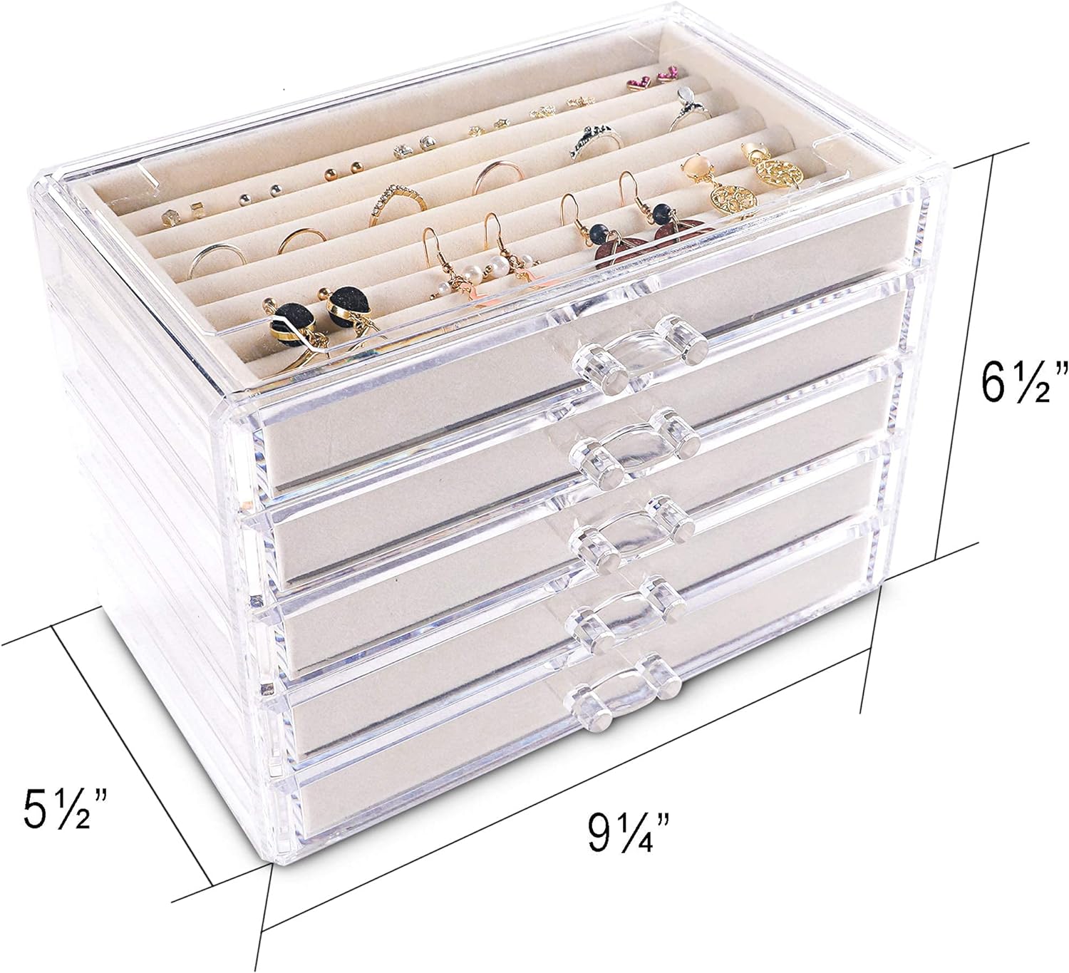 Direct Manufacturer Frebeauty Extra Large Acrylic Jewelry Box for Women Girls 5 Layers Clear Velvet Earring Organizer with 5 Drawers Rings Display Case Necklaces Holder Tray (Beige) Low MOQ