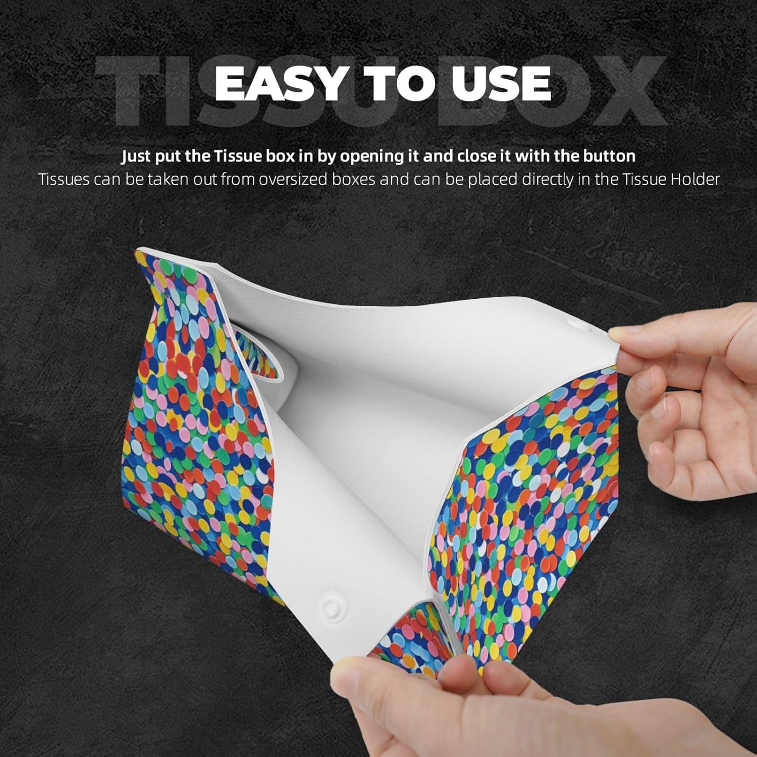 Private Label Tissue Box Cover PU Leather Rectangular Tissue Holder Confetti Bright Pattern Tissue Box Decorative Napkin Dispenser Paper Holder for Night Stand Kitchen Bathroom Office 7.9" L x 4.9" W x 4.5" H Wholesale Manufacturer