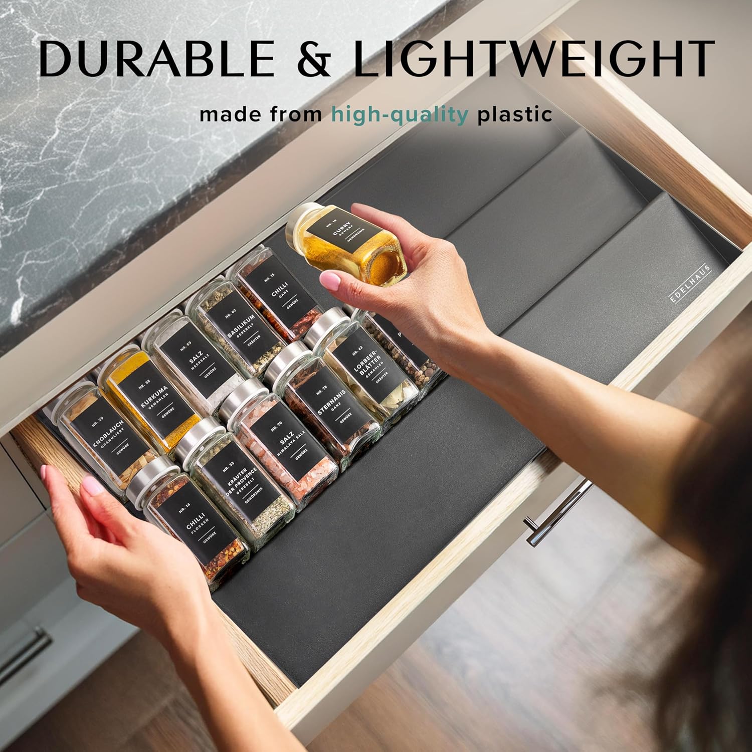 Private Label Spice Drawer Organizer - Expandable Spice Rack for Drawer, Black Seasoning Organizer for Drawer Spice Organizer, Spice Organization Seasoning rack insert for Cabinet (Jars Not Included) Dropshipping Friendly