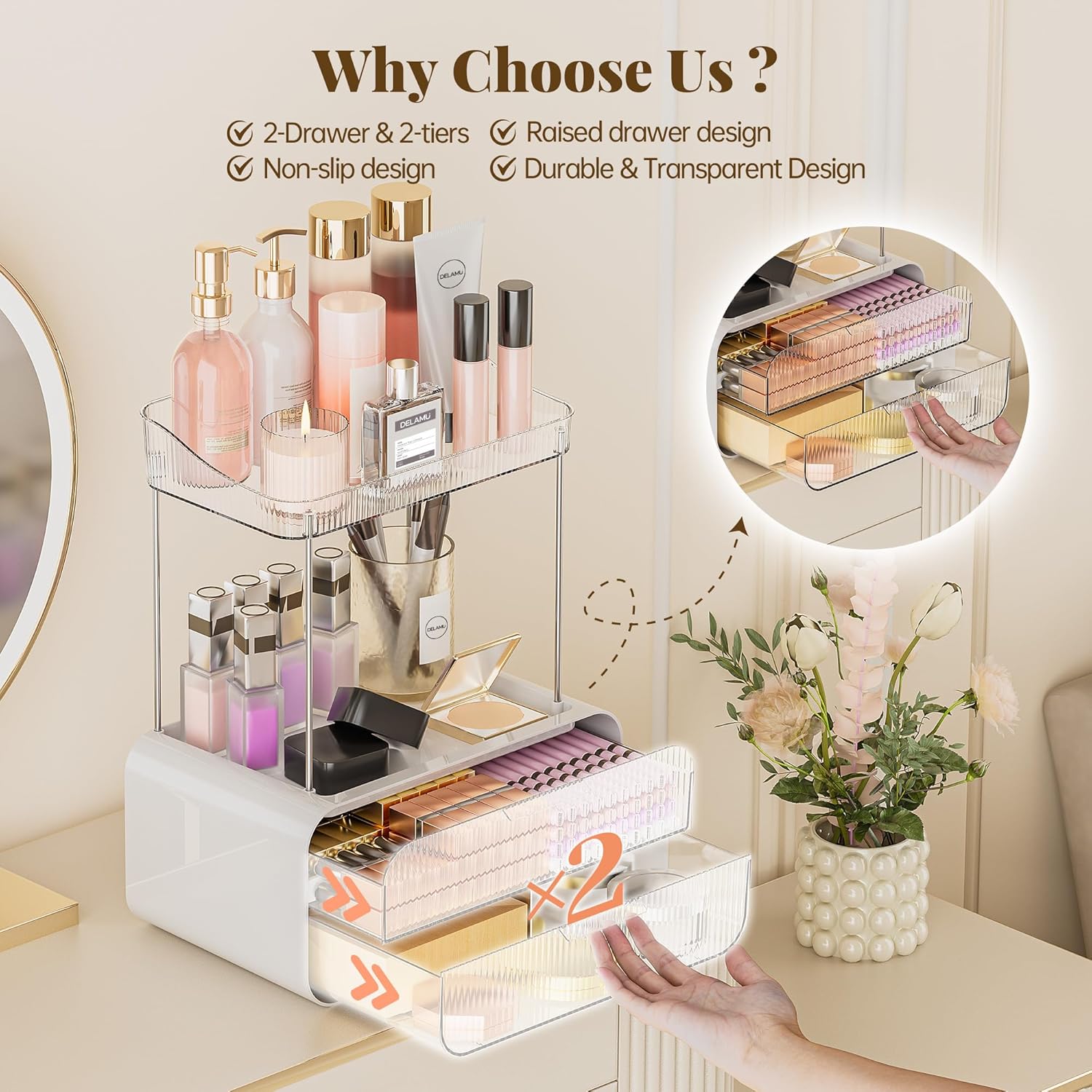 Private Label Delamu Bathroom Counter Organizer 2-Drawers 2-Tier Acrylic Makeup Organizer for Vanity Countertop, Skincare Perfume Storage, Easy Assembly, Ideal Gift for Women, Bath Linen Sets, Clear Factory Direct Price