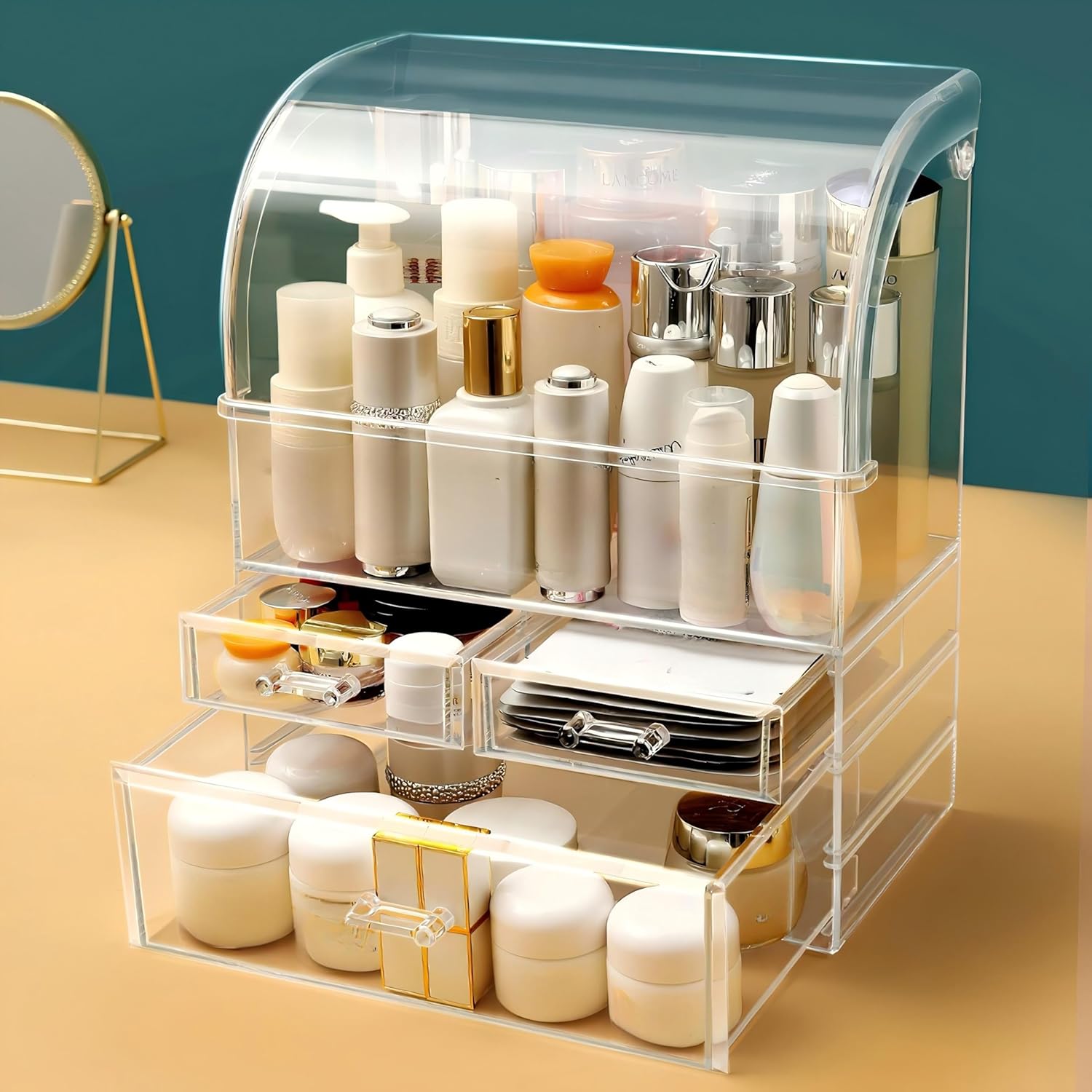 Private Label Large Acrylic Makeup Organizer With Lid Portable Dustproof And Waterproof Cosmetic Storage Drawers Box For Women (Clear, 12.5in x 9.5in x 6.3in) Custom Logo Service