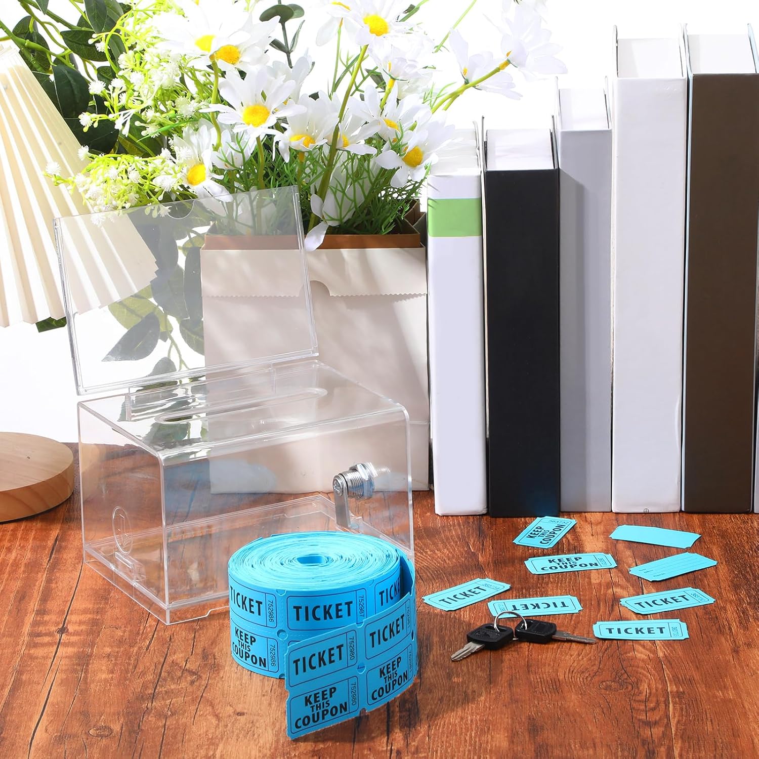 Private Label Havawish Enter to Win Raffle Ticket Box with 500 Raffle Ticket Double Roll and Slot Clear Acrylic Donation Box with Lock 6.3" x 4.7" x 3.9" Ballot Holder with 2 Keys for Game Suggestion(Blue) Custom Mold Development