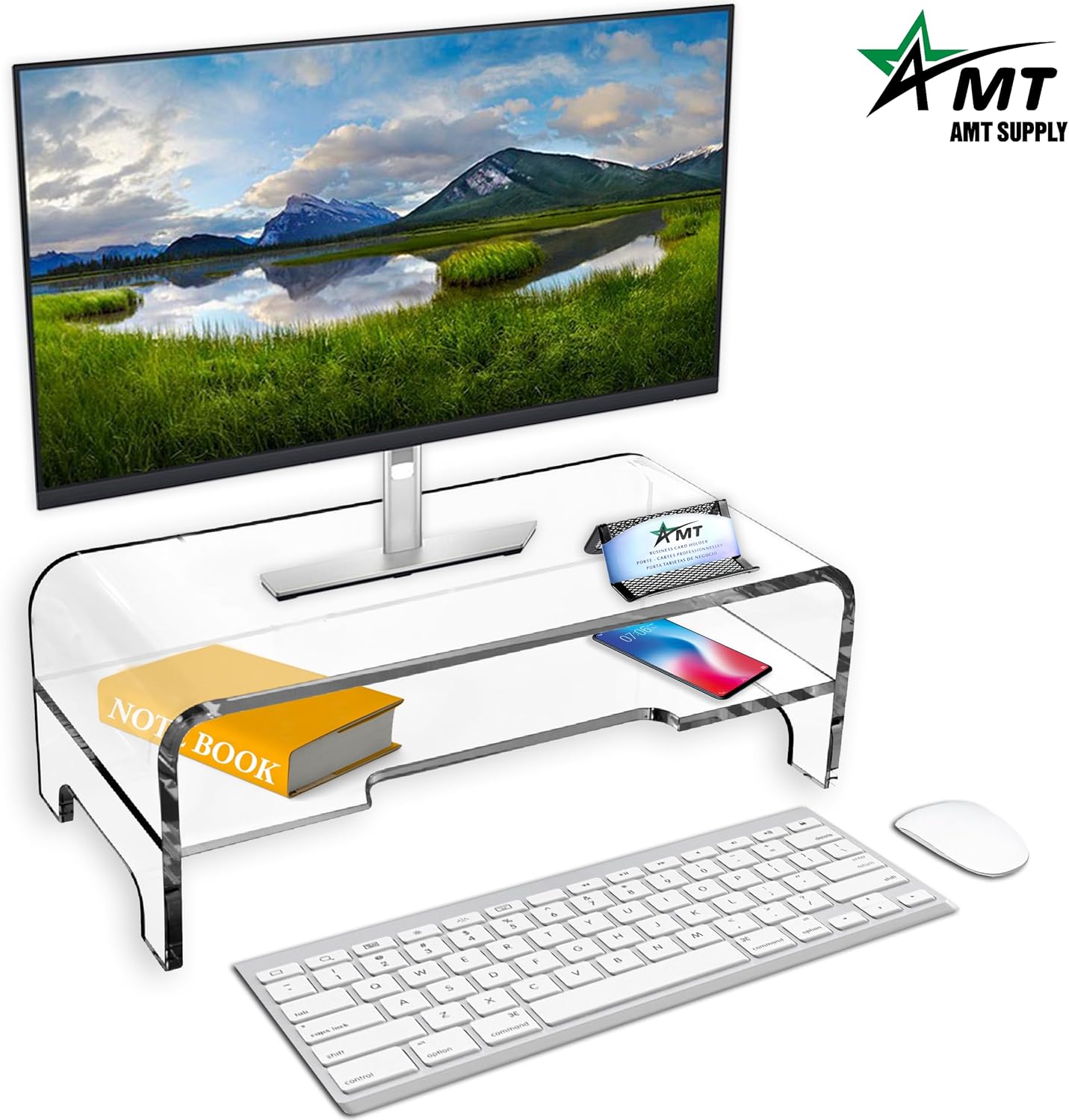 Private Label AMT Clear Acrylic Monitor Stand Riser 2 Tier, 5.5 Inches High Clear Computer Desk Organizer Shelf for Multi Media PC Storage Laptop OEM Wholesale Manufacturer