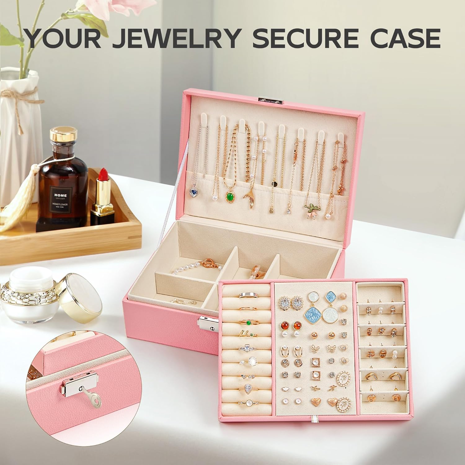 Direct Manufacturer DreamGenius Jewelry Box for Women with Security Latch, 2-Layer Jewelry Organizer with Removable Tray for Necklaces and Earrings Holder Organizer, Pink Low MOQ