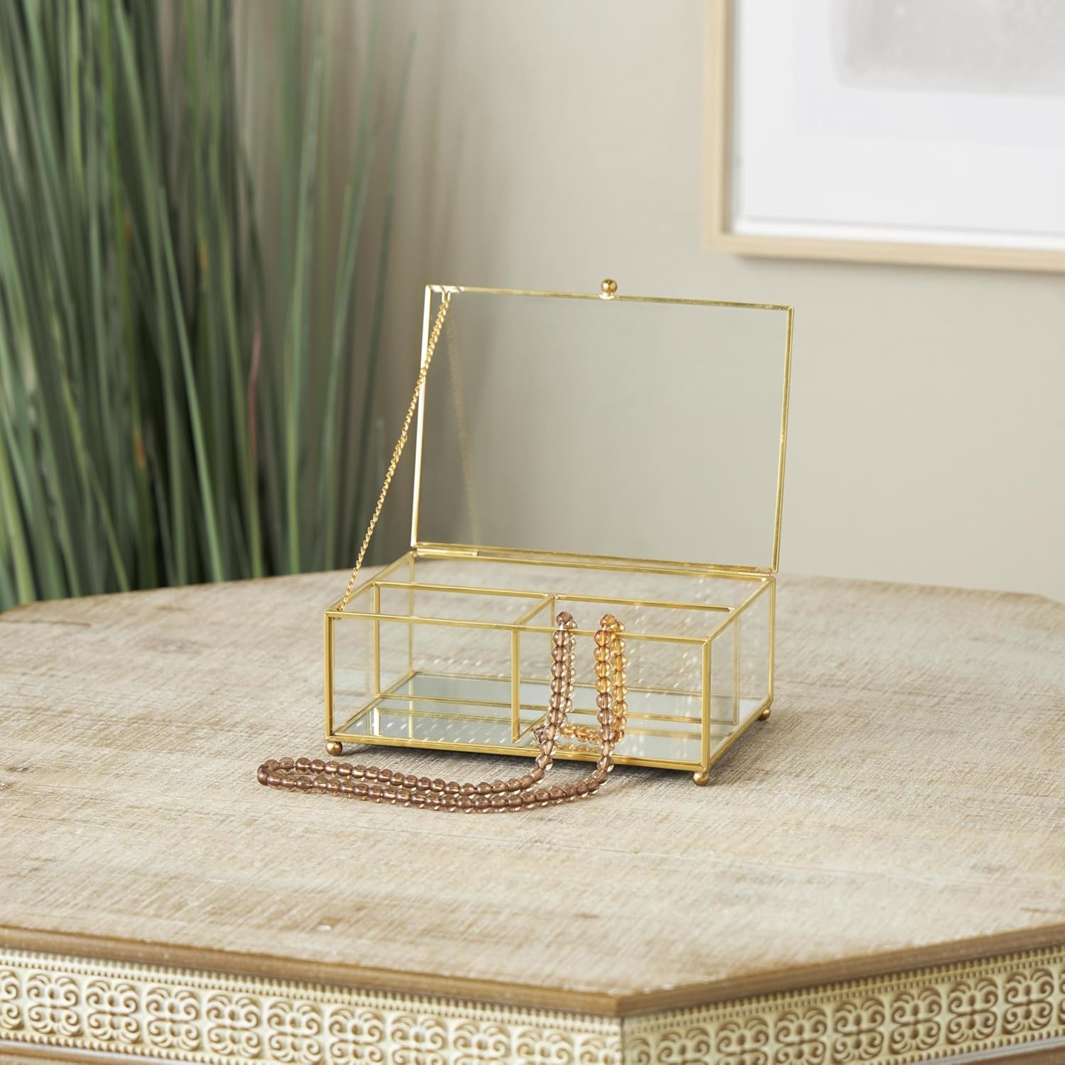 Direct Manufacturer Deco 79 Glass Decorative Jewelry Box 3 Slot Jewelry Organizer with Gold Metal Frame and Chain Accent, Jewelry Holder 7" x 5" x 3", Clear Low MOQ