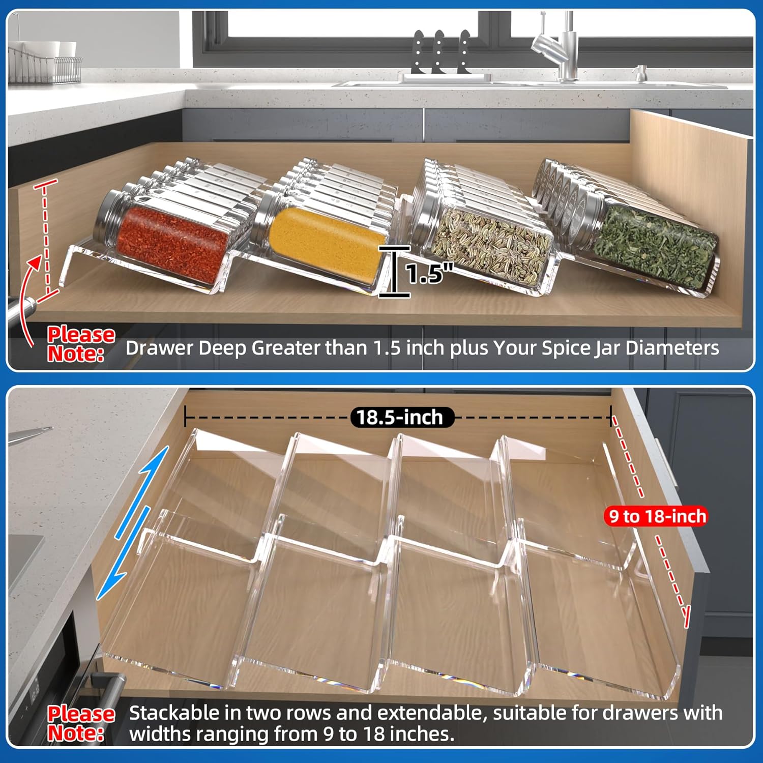 Private Label MIUKAA Clear Acrylic Spice Drawer Organizer, 4 Tier- 2 Set Expandable From 9" to 18" Seasoning Jars Drawers Insert, Kitchen Spice Rack Tray for Drawer/Countertop (Jars not included) Dropshipping Friendly