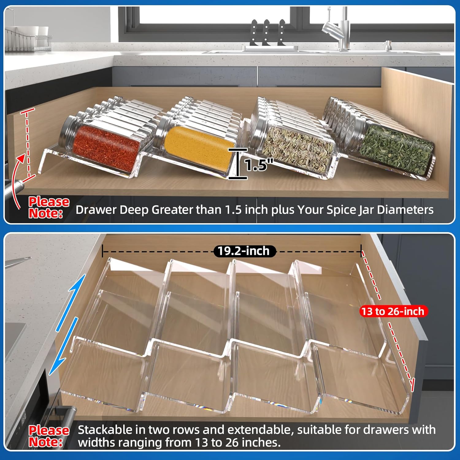 Private Label Clear Acrylic Spice Drawer Organizer, 4 Tier- 2 Set Expandable From 13" to 26" Drawer Seasoning Organizer, Kitchen Spice Rack Tray for Drawer/Countertop (Jars not included) Dropshipping Friendly