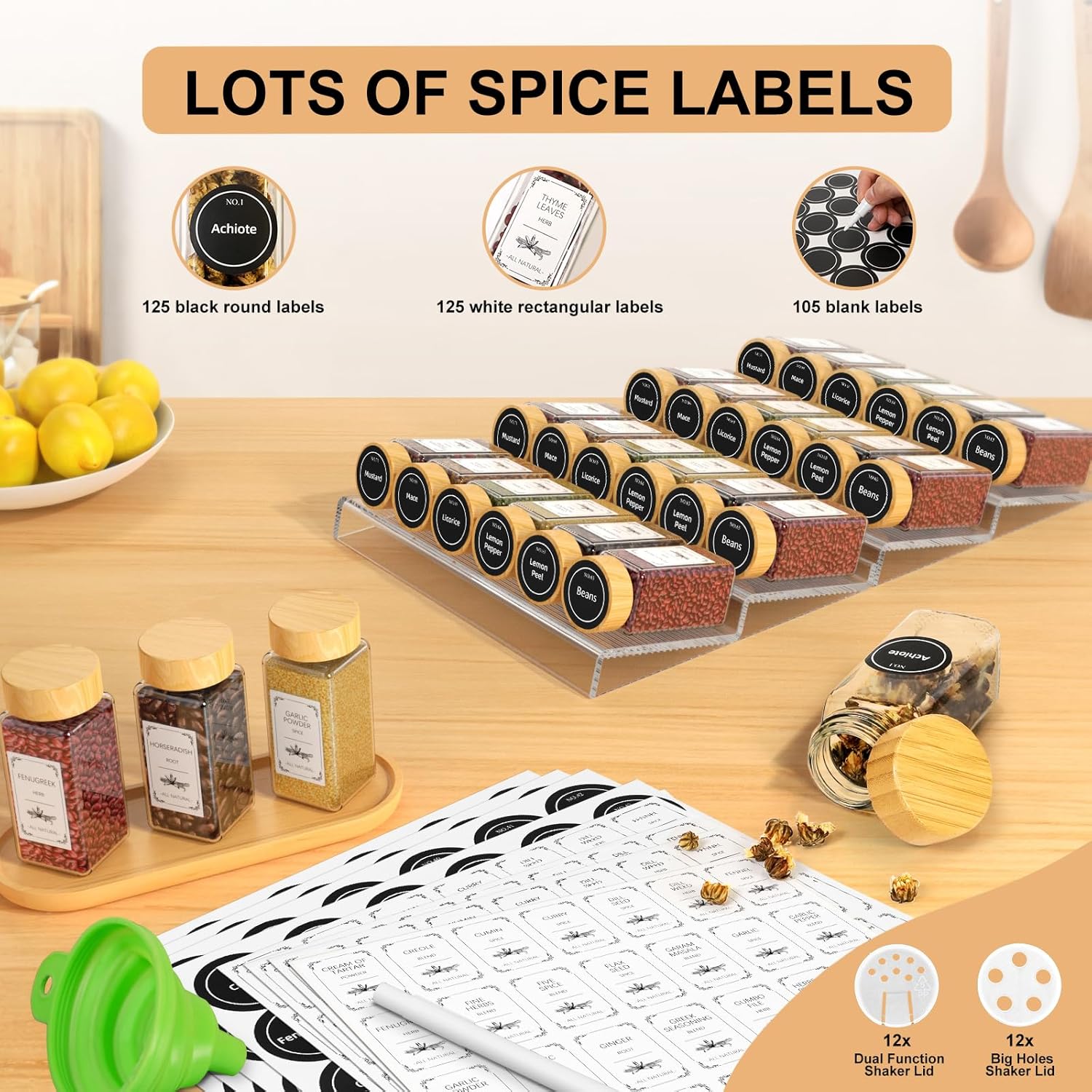 Private Label 24 Spice Jars with Spice Drawer Organizer, 355 Spice Labels, 4 Pack Expandable From 11'' to 21'' Acrylic Spice Rack for Drawer, Seasoning Containers Storage Organization for Kitchen Cabinet Countertop Dropshipping Friendly
