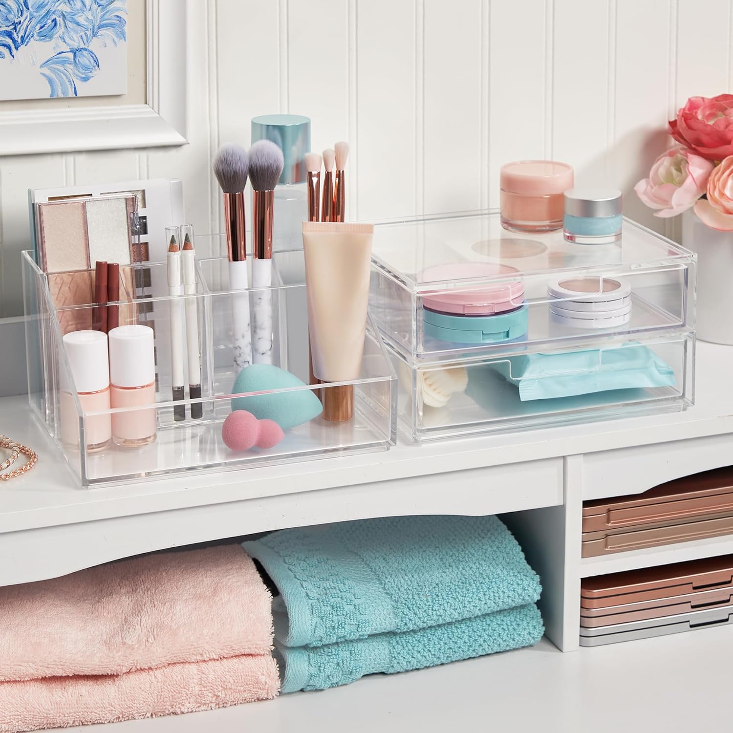 Private Label STORi Chloe Stackable Clear Makeup Brush Holder and Drawer Organizer Set, Organize Brushes, Cosmetics, and Beauty Supplies, Made in USA Factory Direct Price