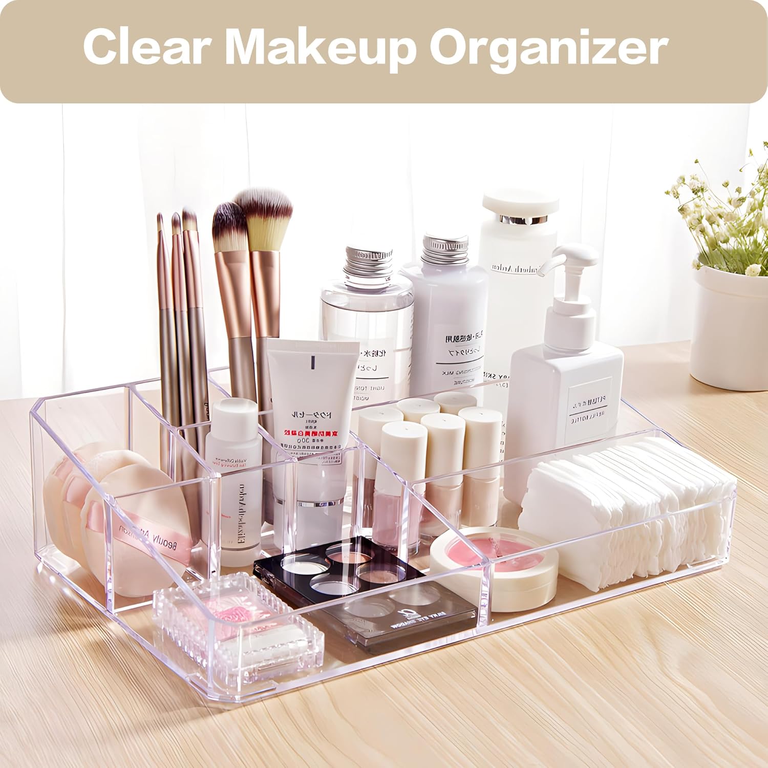 Private Label Clear Makeup Organizer, Makeup Brushes Storage Case, Cosmetic Display Case Tray, Tiered Skincare Organizer, Acrylic Lipstick Holder Countertop Desk Brush Organizer for Bedroom Vanity Custom Logo Service