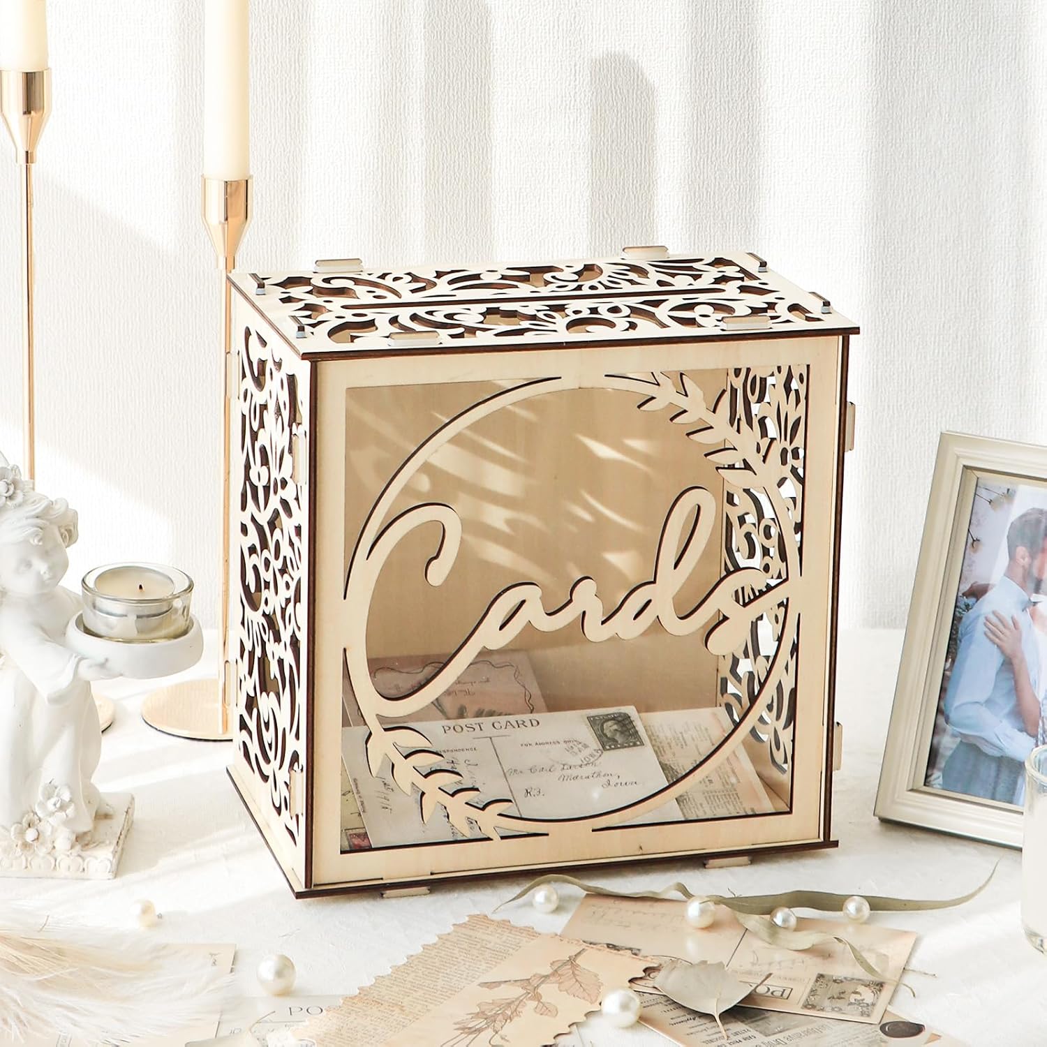 Private Label OurWarm Wedding Card Box for Wedding Reception, Wooden Wedding Card Boxes with a LED Lights, Gift Card Box Money Honeymoon Fund Box for Baby Shower Birthday Graduation Party Rustic Wedding Decorations Ecommerce Ready Product