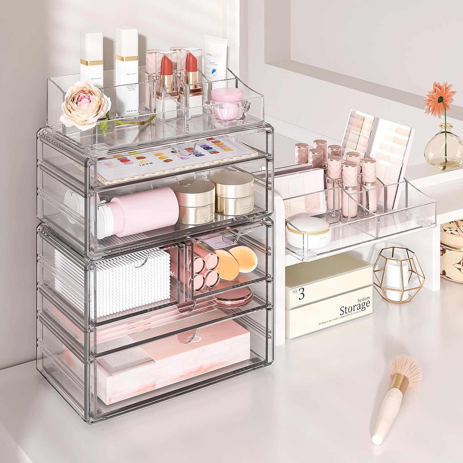 Private Label Delamu 3-Tier Clear Makeup Organizer with Drawer, Acrylic Cosmetic Display Case for Makeup Vanity Bathroom Counter Organizers and Storage, Stackable Vanity Organizer for Brushes Lipsticks Skincare Factory Direct Price