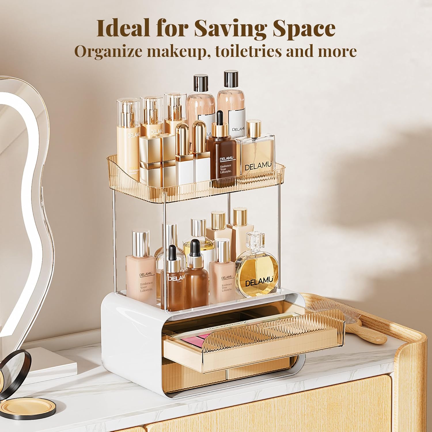 Private Label Delamu Bathroom Counter Organizer 2-Drawers 2-Tier Acrylic Makeup Organizer for Vanity Countertop, Skincare Perfume Storage, Easy Assembly, Ideal Gift for Women, Bath Linen Sets, Amber Custom Logo Service