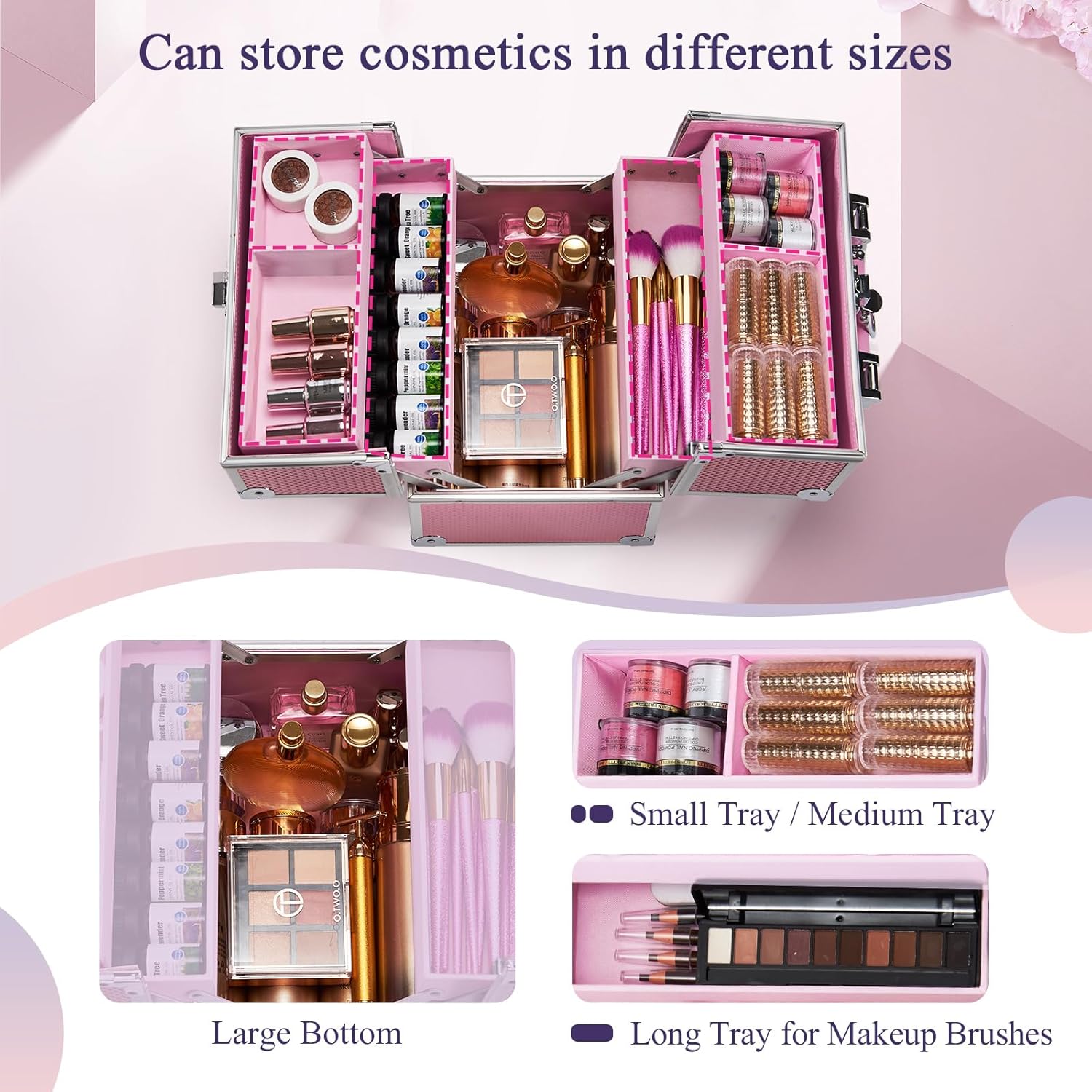 Private Label Frenessa Makeup Case Makeup Box Cosmetic Organizer Case Portable Make Up Artist Travel Case Storage Box 4 Trays with Dividers Lockable Hard Train Case Nail Tech Supply Storage Mermaid Pink Custom Logo Service