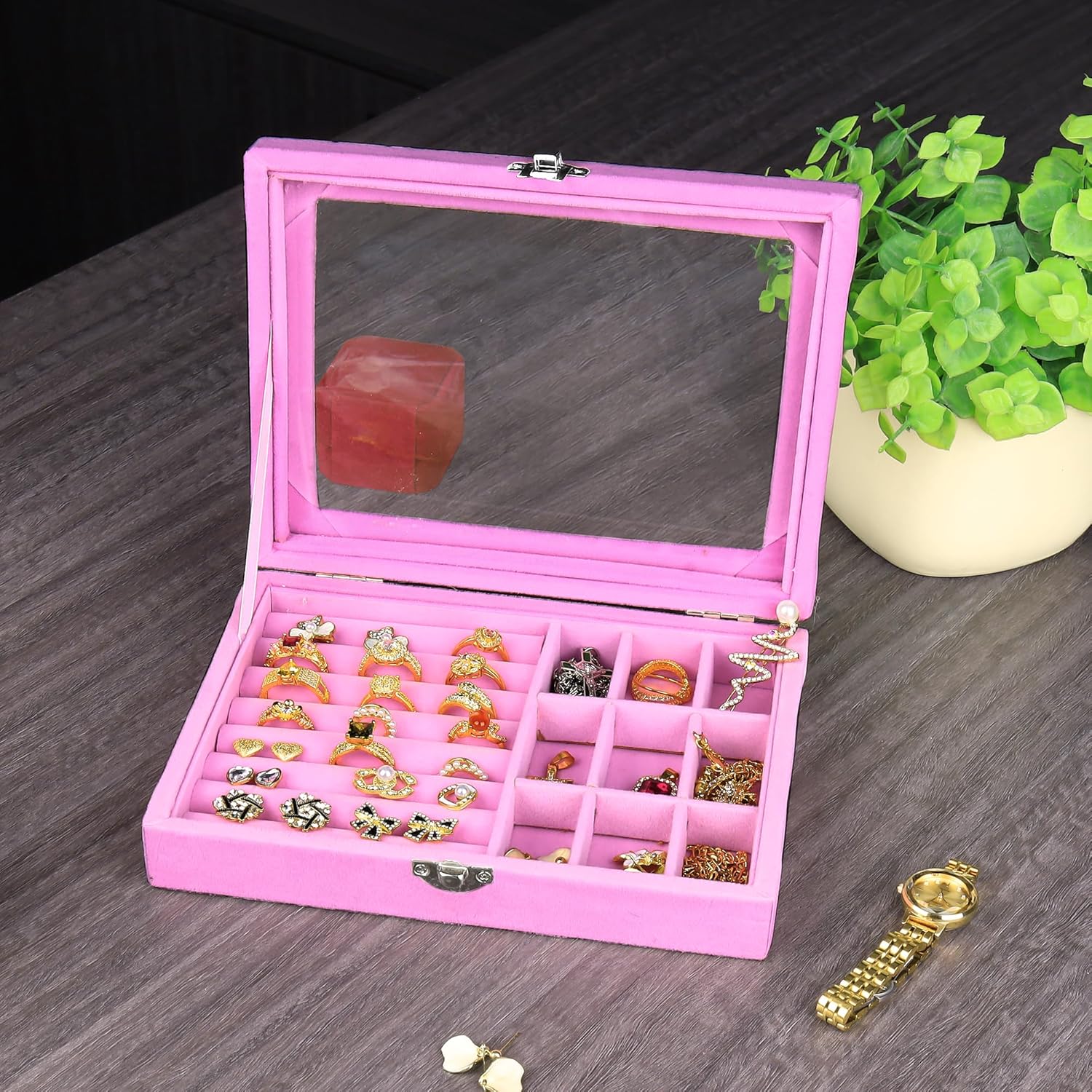 Direct Manufacturer habgp Velvet Jewelry Box Ring Holder for Women, Pink Earring Display Storage Showcase with Clear Lid, Rings Earrings Studs Holder Organizer Box Tray Case for Her Girls Mom Wife Women Low MOQ