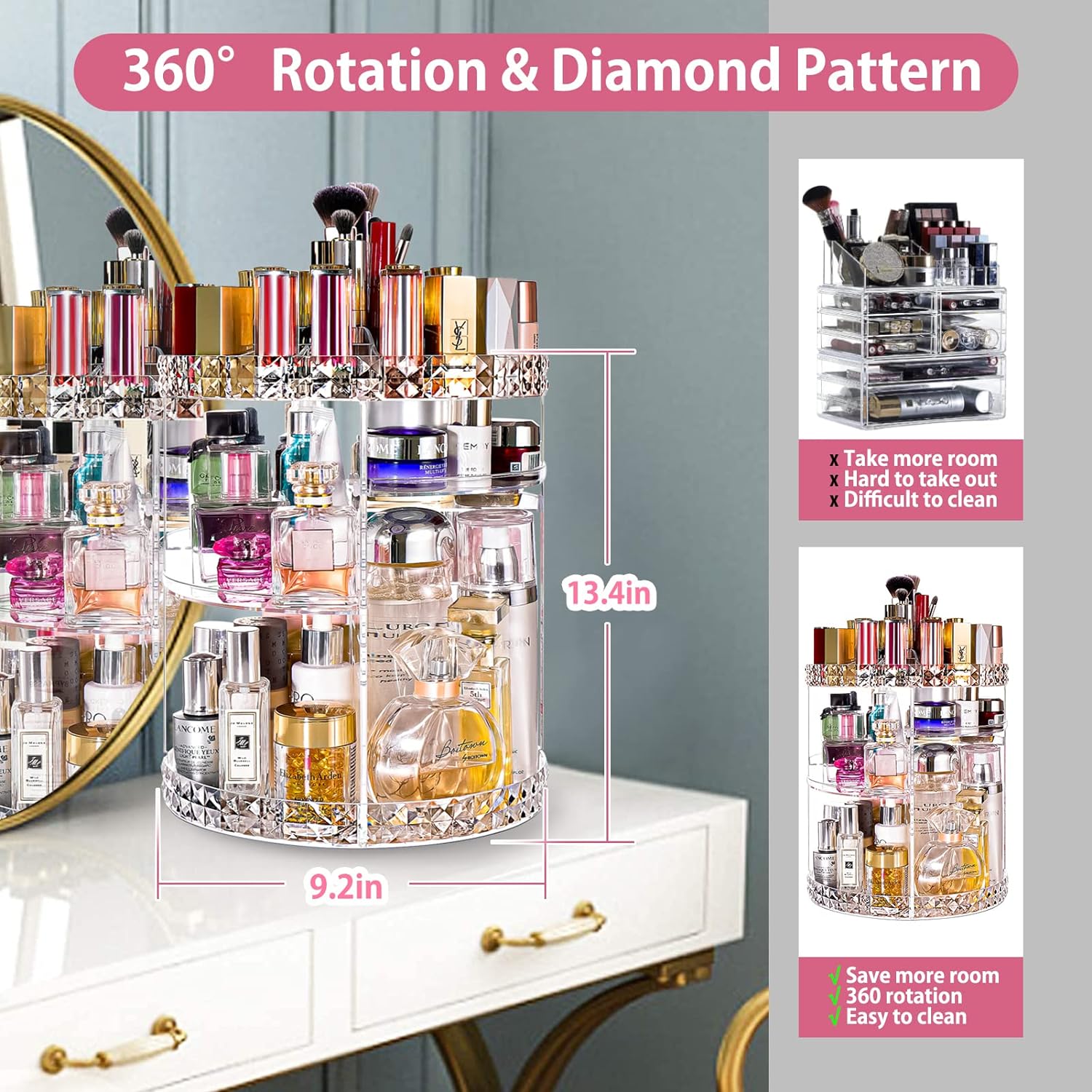 Private Label V-HANVER Makeup Organizer Combo - 360° Rotating Makeup Organizer with 7 Adjustable Layers Acrylic Skincare Organizer Large Cosmetic Display Case Clear Perfume Organizer with Makeup Palette Organizer Custom Logo Service
