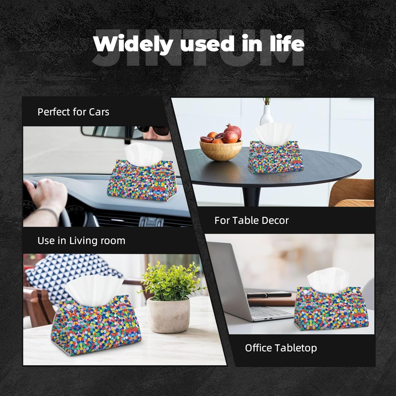 Private Label Tissue Box Cover PU Leather Rectangular Tissue Holder Confetti Bright Pattern Tissue Box Decorative Napkin Dispenser Paper Holder for Night Stand Kitchen Bathroom Office 7.9" L x 4.9" W x 4.5" H Wholesale Manufacturer