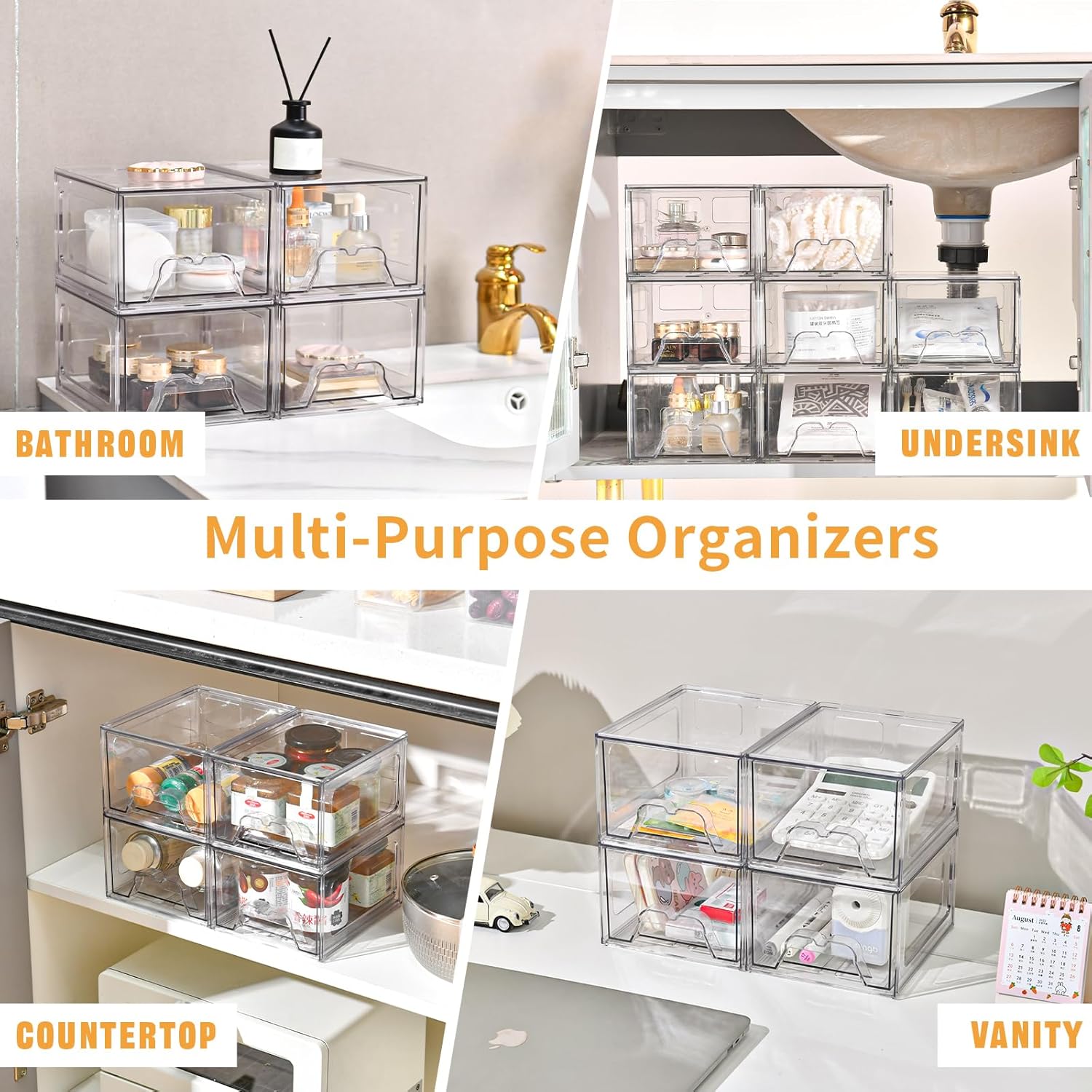 Private Label 6 Pack Stackable Makeup Organizer, 4.4'' Tall Acrylic Bathroom Makeup Organizer and Storage Drawer with Pull-out Handle, Clear Plastic Storage Bins for Vanity,Pantry,Desk,Undersink,Kitchen Factory Direct Price