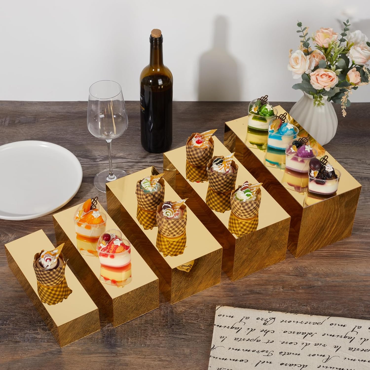 ODM Acrylic Food Display Risers, Gold Risers Boxes 5Pcs Rectangular Display Stand Shelf Buffet Risers for Catering Dessert Buffet Table, Parties, Weddings, Collectibles Shoes Display(5pc) Custom Logo Service