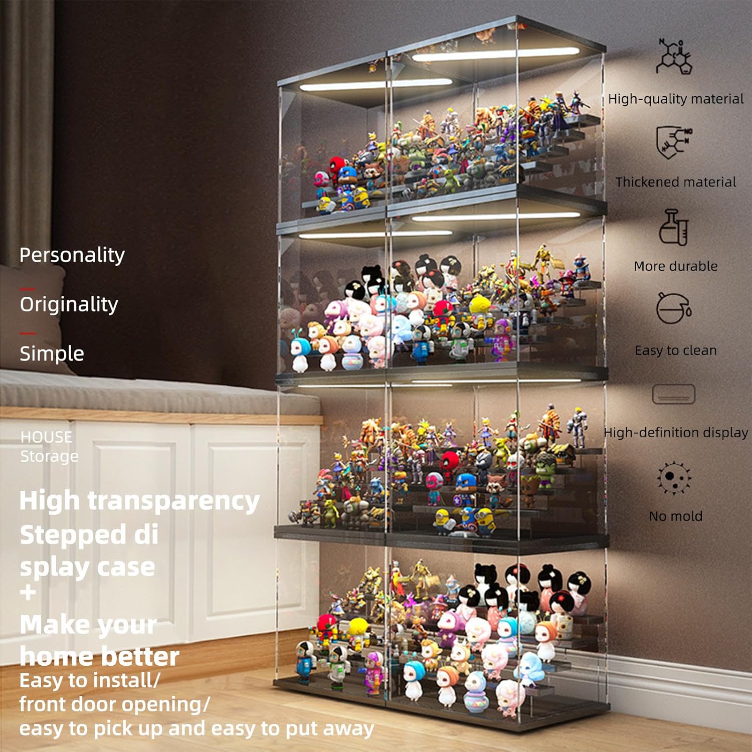 Private Label Clear Acrylic Display Case Stand with Led Light, Bluetooth RGB Lighting Plus Remote Control, 5 Tier Storage Display Box Showcase,Dustproof Organizer Box for Collectibles(Black 5Tier) Ecommerce Ready Product
