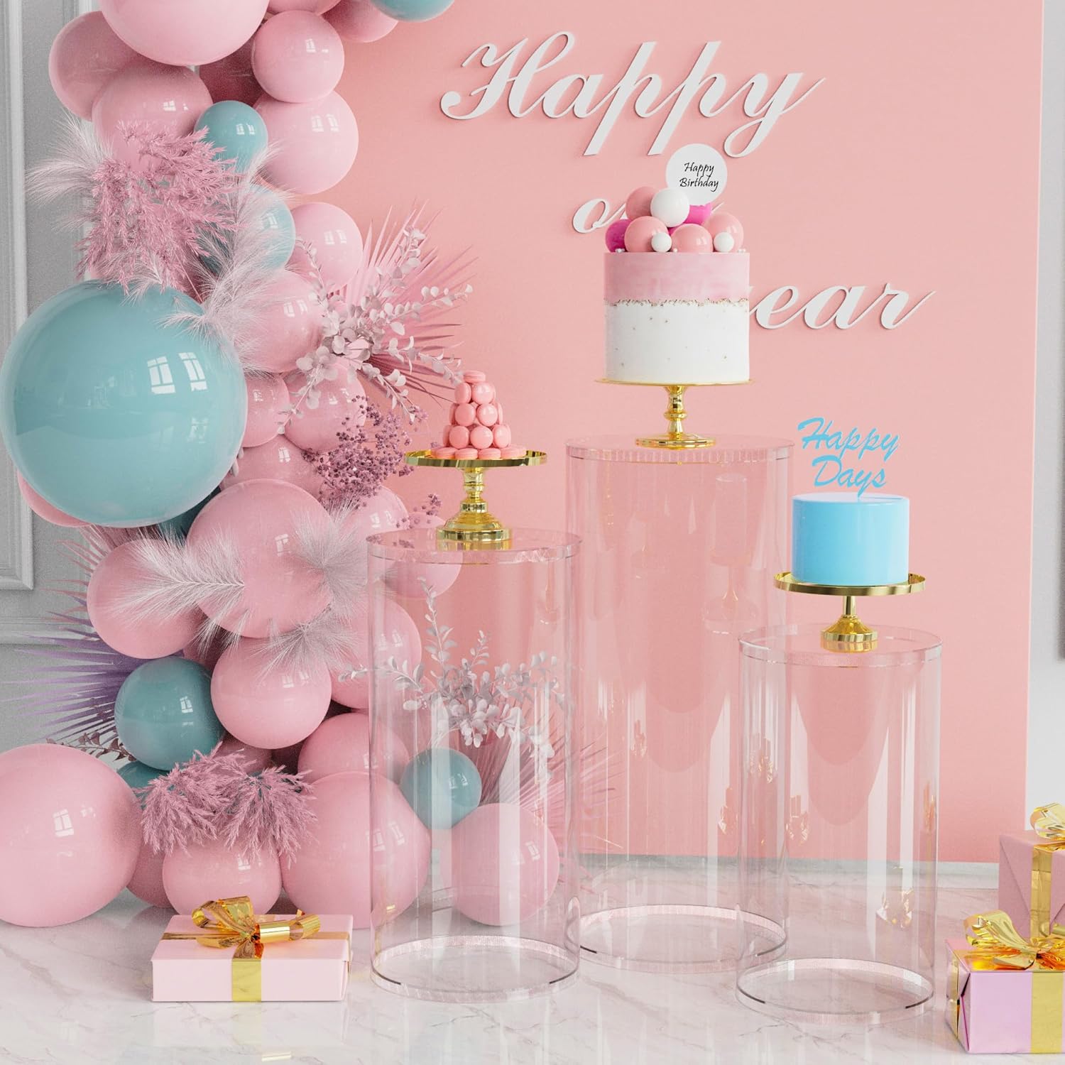 Private Label Putros Cylinder Pedestal Stands 3Pcs Clear Round Cylinder Pedestal Display Plinth Pillars for Wedding Party Decor 35.4''(L),29.5''(M),23.6''(S) OEM Wholesale Manufacturer