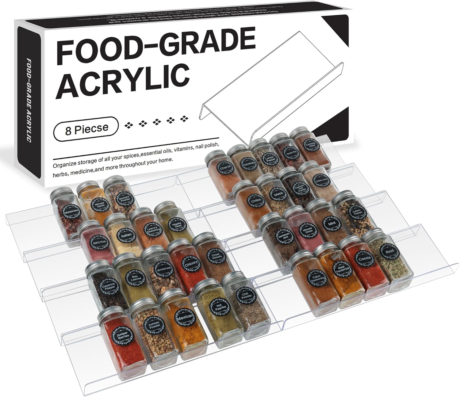 Goabroa Expandable Spice Organizer, 8 Pack 4 Tier Clear Spice Rack, 13" to 26" Wide, Kitchen Spice Organization for Drawer/Countertop