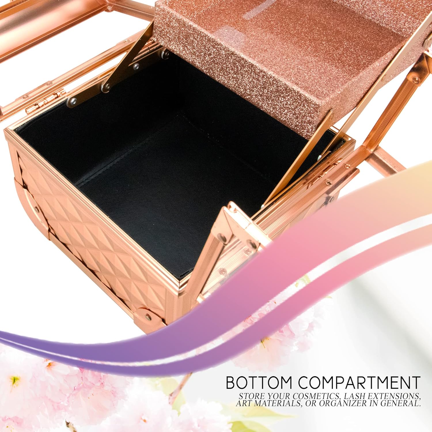 Private Label Ver Beauty Makeup Box Cosmetic Train Case with Clear Armored Acrylic Jewelry Organizer with 2 Tiers Trays and Mirror Lockable Portable Travel Cosmetic Display Aluminum Case (Rose Gold Diamond) Custom Logo Service