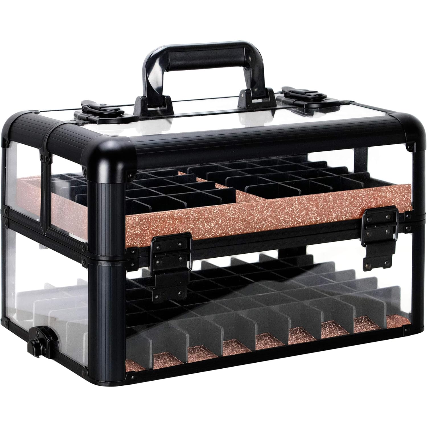 Private Label Ver Beauty Professional Armored Clear Acrylic Makeup Travel Case with Wheels Nail Tech Organizer with 2 Sliding Trays Removable Dividers Lockable Portable Aluminum Box Custom Logo Service