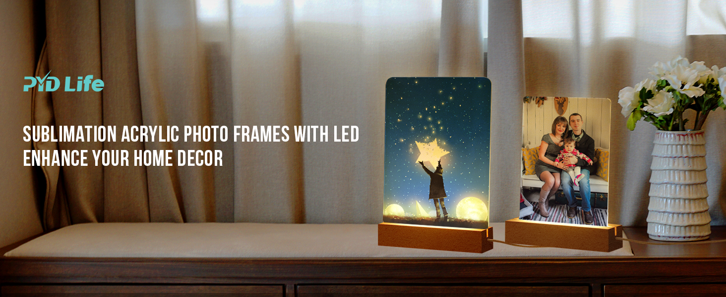 Private Label PYD Life 4 Pack Sublimation LED Acrylic Photo Frames Night Lights Blanks 6" x 8" with Warm Color Light,with Wood Stand for Heat Press Machine Printing Ecommerce Ready Product