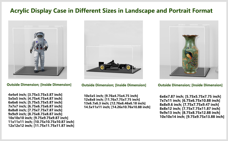 acrylic display case in different sizes in landscape and portrait foma