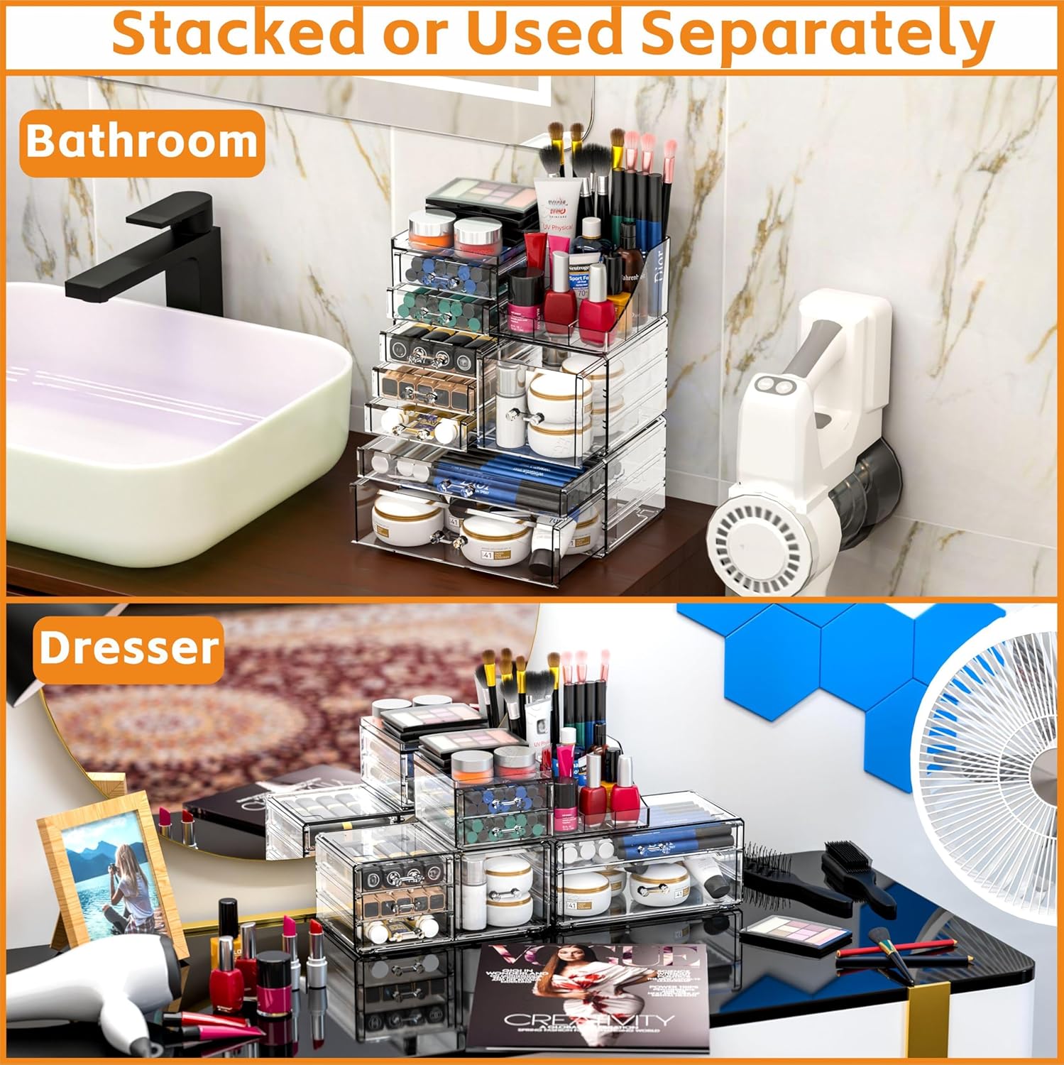 Private Label Acrylic Clear Makeup Organizer Countertop,Stackable Skincare Organizer for Vanity With 8 Drawers,Large Plastic Desk Accessories Organization,Bathroom Cosmetic Organizer Countertop for Beauty,Skin Care Factory Direct Price