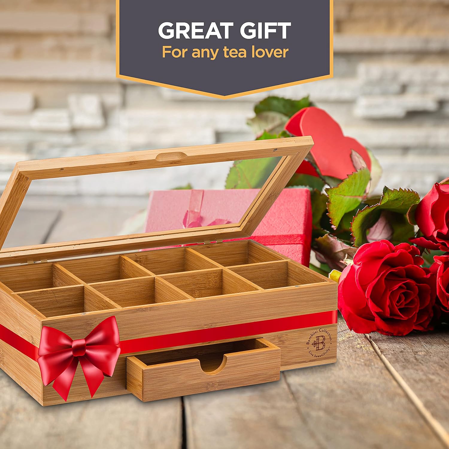 ODM Bamboo Tea Bag Organizer Storage Box with Drawer & Acrylic Window - Magnetic Lid Keeps Contents Fresh - Ideal Mothers Day Gifts for Mom - Gift Caddy (Tea Not Included) Custom Mold Development