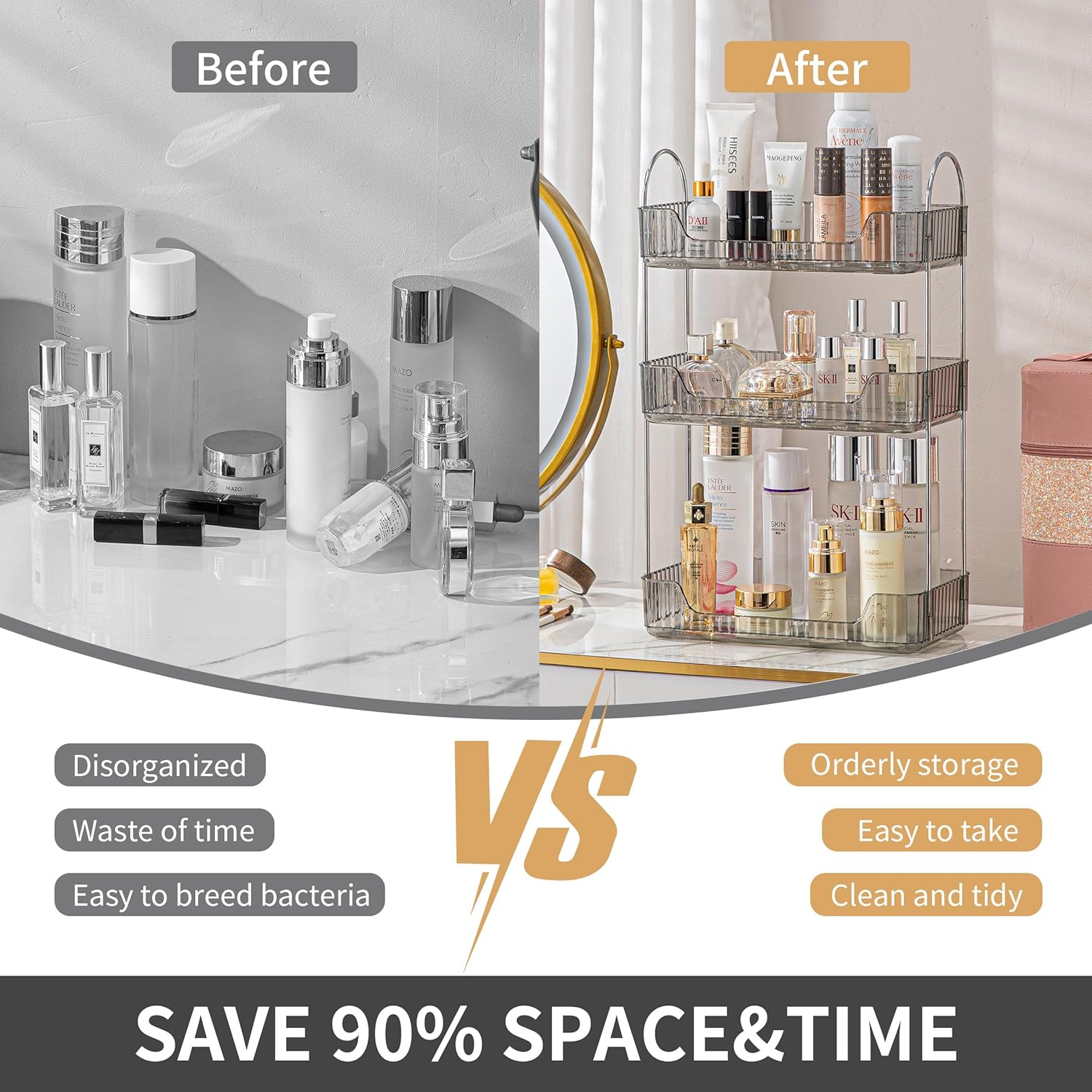 Private Label 3 Tier Bathroom Organizer Countertop Makeup Perfume Tray Skincare Organizer for Bathroom Dresser Vanity (Grey) Factory Direct Price
