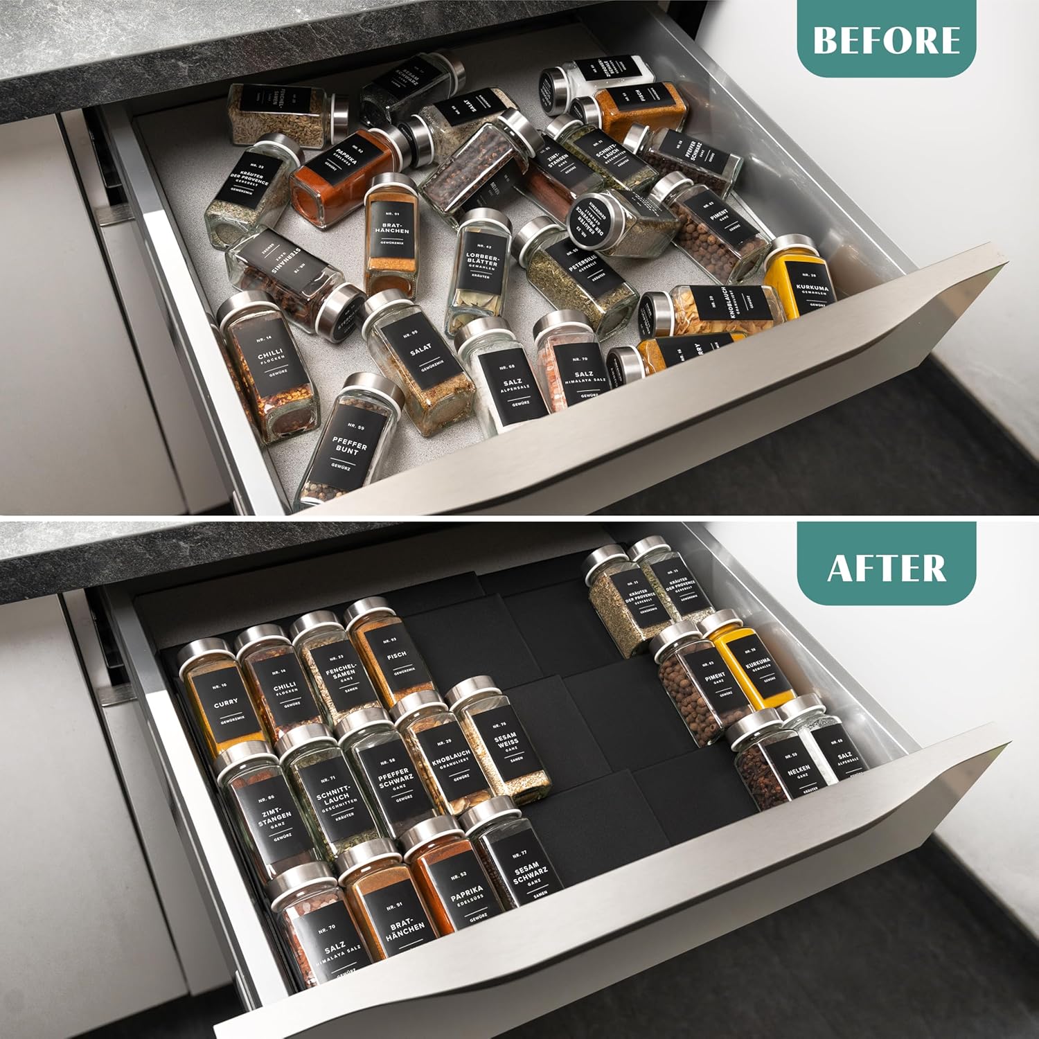 Private Label Spice Drawer Organizer - Expandable Spice Rack for Drawer, Black Seasoning Organizer for Drawer Spice Organizer, Spice Organization Seasoning rack insert for Cabinet (Jars Not Included) Dropshipping Friendly