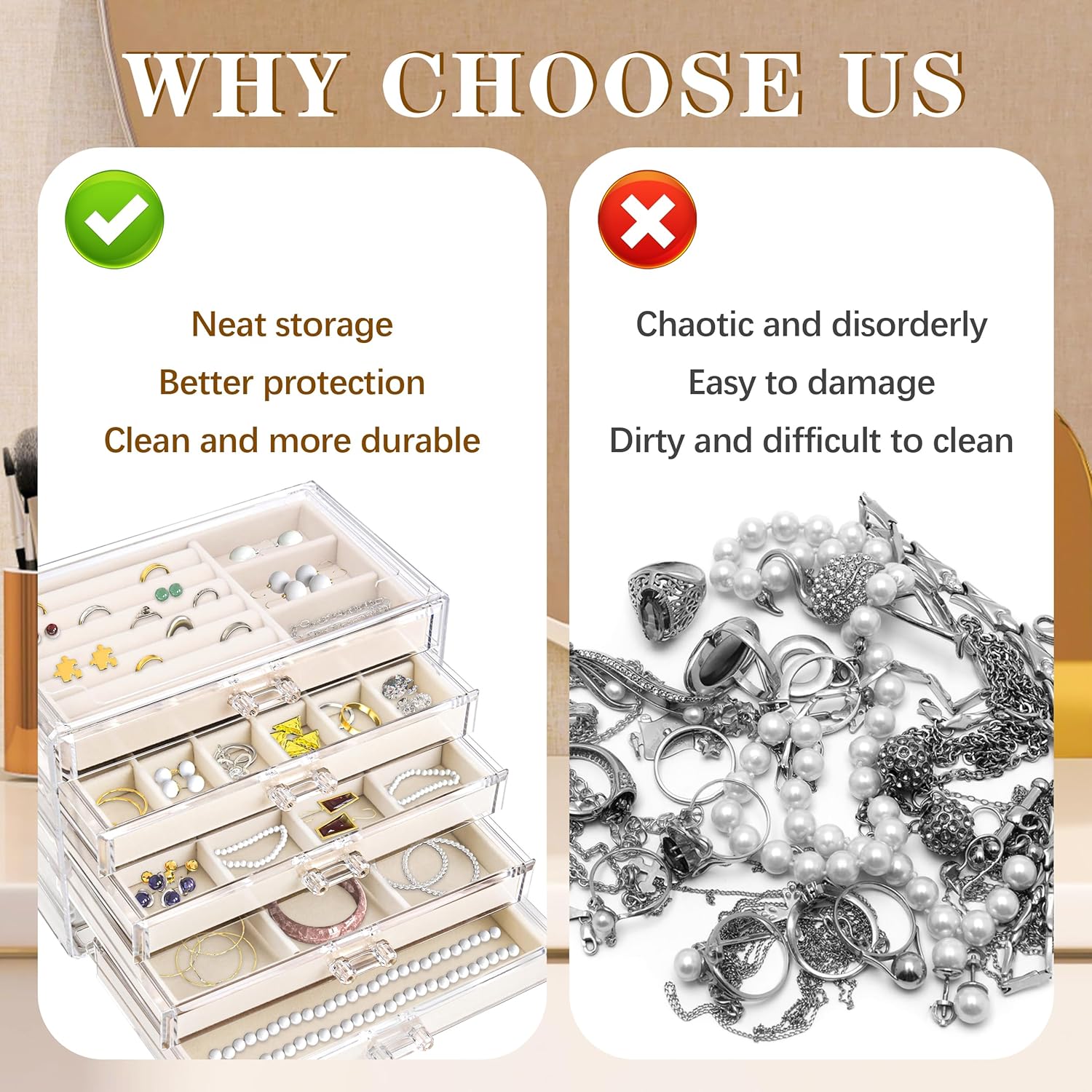 Direct Manufacturer Acrylic Jewelry Organizer with 5 Drawers, Drawer with Velvet Trays, Earring Display for Storage and Gift for Women (Beige) Low MOQ